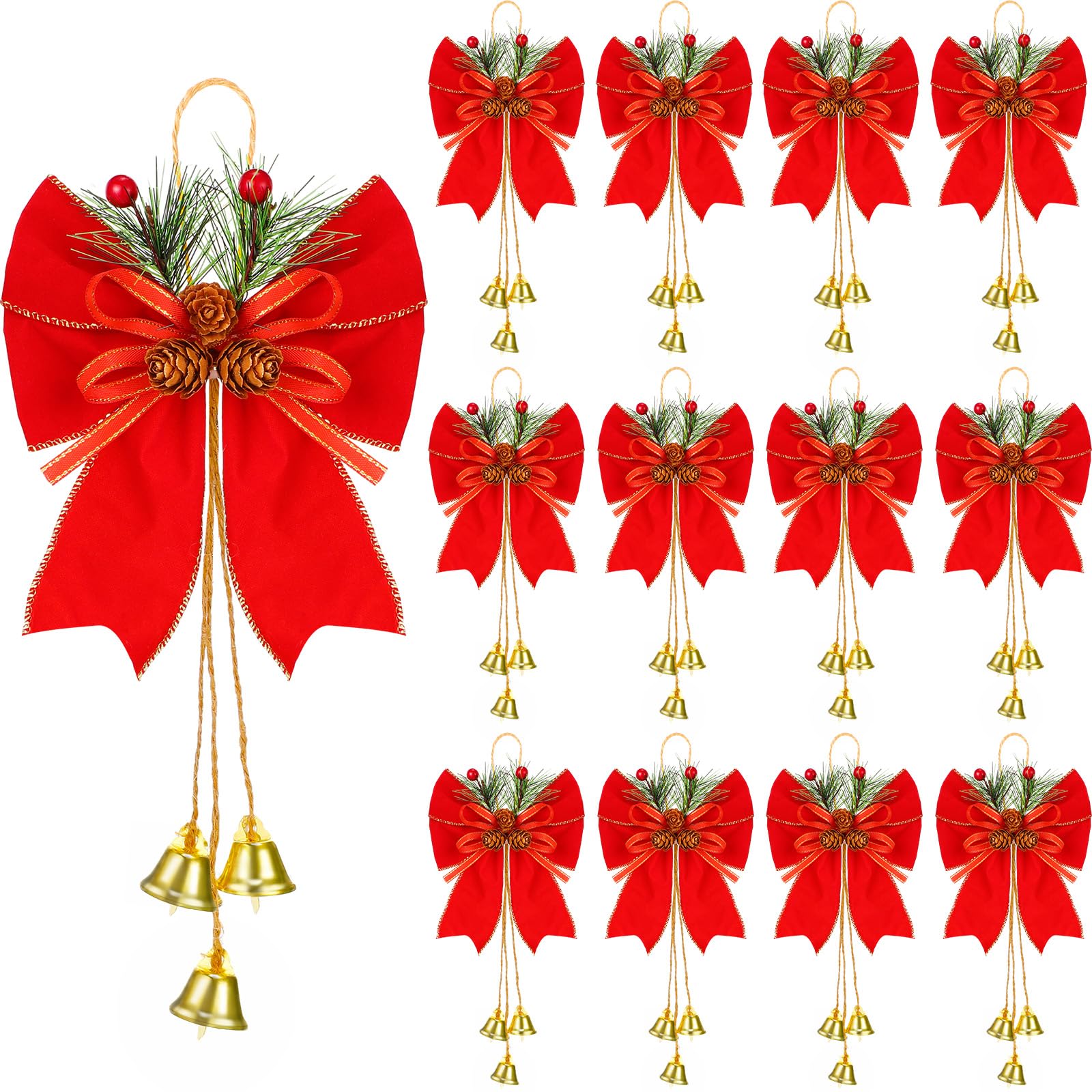 Yuxung 12 Pcs Christmas Bows with Pine Cones, Wreath Ornaments, Bell Tree Toppers for Xmas Party Decoration, Kitchen Cabinet (Red)