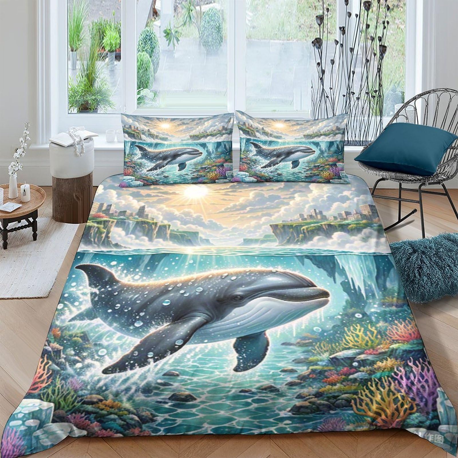 Ctjqhvkz Style-6 3D Printed Ocean Whale Fitted Sheet Microfiber Soft Blue Sea World Bed Cover For Bedroom Guest Room Decor Single（135X200cm）