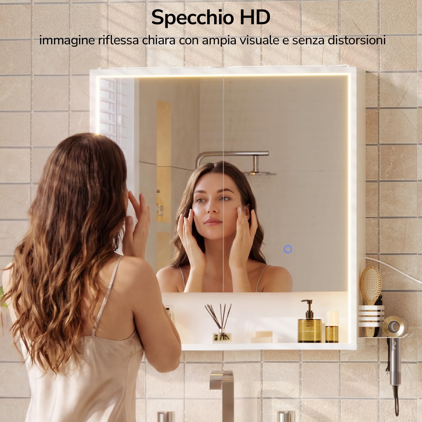 Specchio Bagno Contenitore 70x78x18 cm – Luce LED 3 Lati, Touch con 3 Luci & Prese + USB, Porta Asciugacapelli e Asciugamani, Mobile Bagno con Specchio a Due Ante – Soft-Close