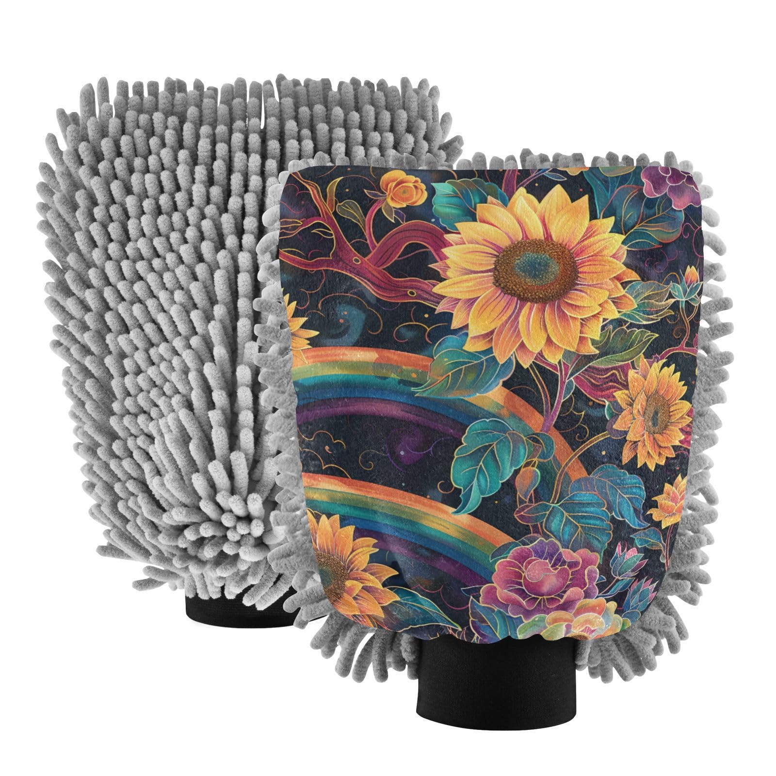 IOACIY Absorbent Microfiber Car Wash Drying Mitts, 2 Pack, Scratch-Free & Lint-Free, Rich Foam, Highly Absorbent, Double Sided, Wash Mitt Perfect for Car Washing, M, Sunflower (1)
