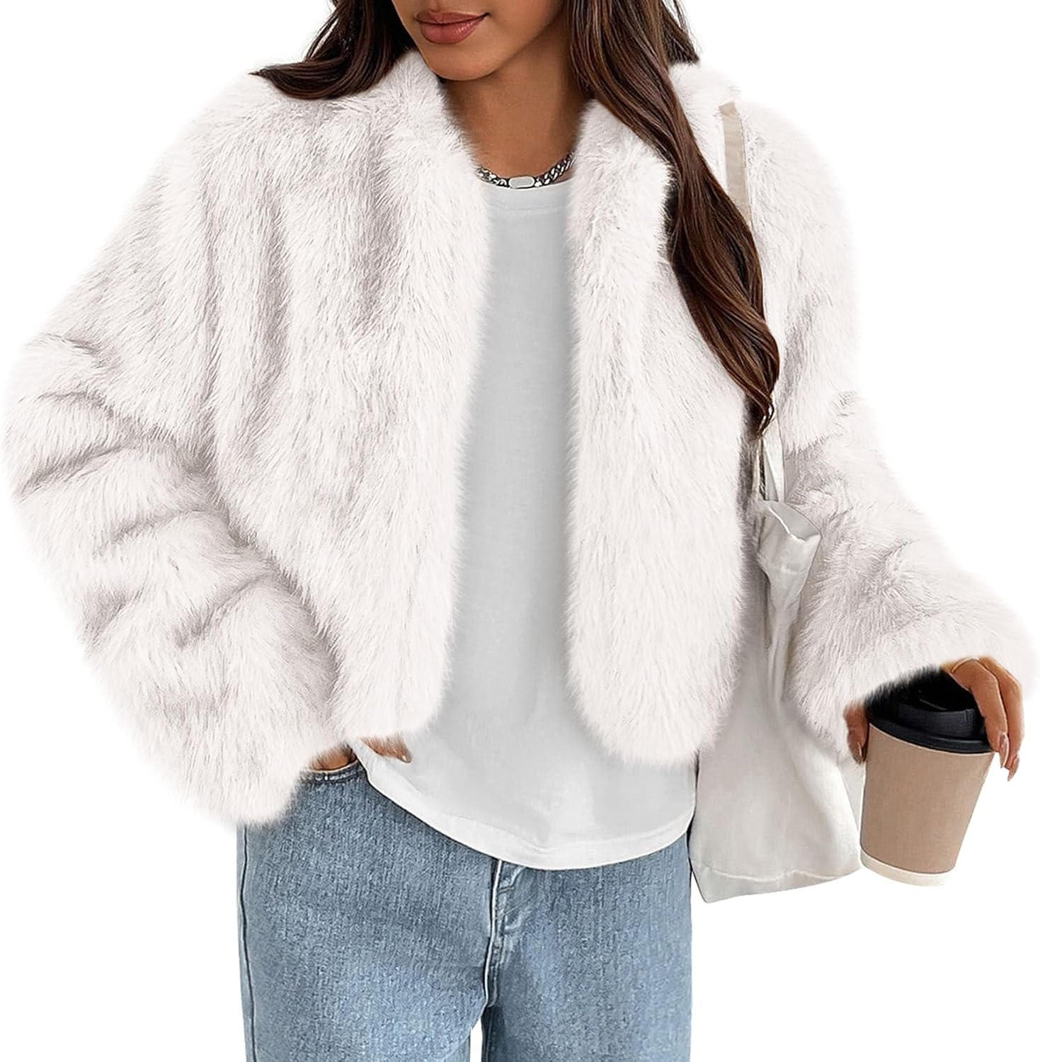 PRETTYGARDEN Womens 2025 Winter Coats Fluffy Cropped Faux Fur Jacket Long Sleeve Open Front Shaggy Outerwear Trendy Clothes