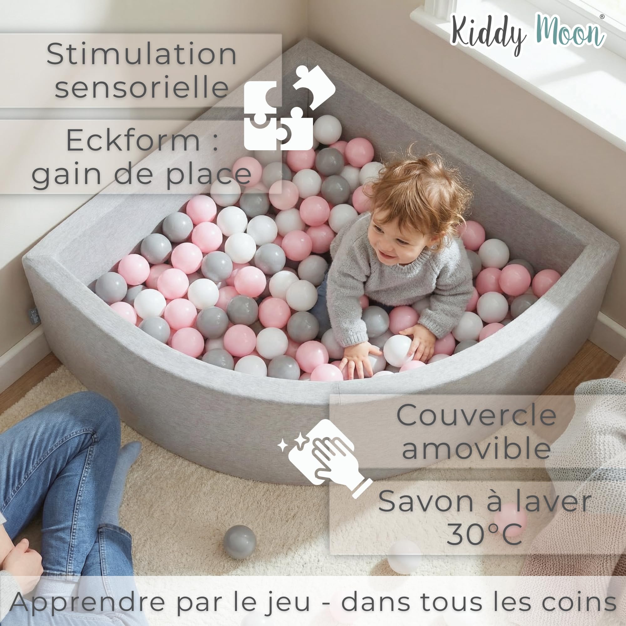 KiddyMoon Piscine à Balles Quart d'angle 90x30cm avec 200 Balles 7cm Bac à Balles en Mousse pour Bébé et Tout-Petit - Gris Clair: Gris Blanc Turquoise