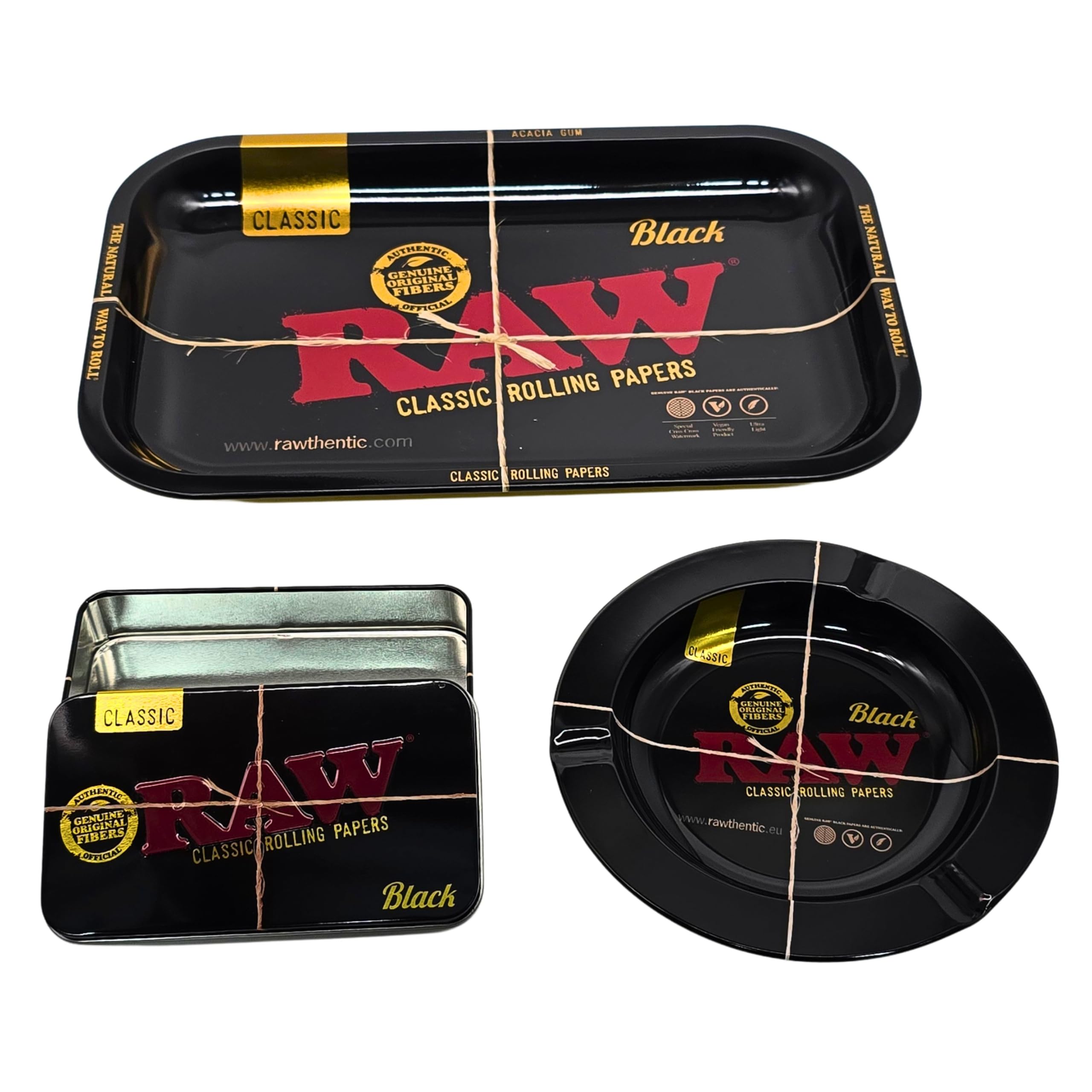 Zactly Black - Raw 3-In-1 Tray Kit – Rolling Tray, Emerald 20Th Anniversary Edition Ashtray & Storage Tin – Premium Metal Set For Rolling Accessories, Storage & Collectors (Black)