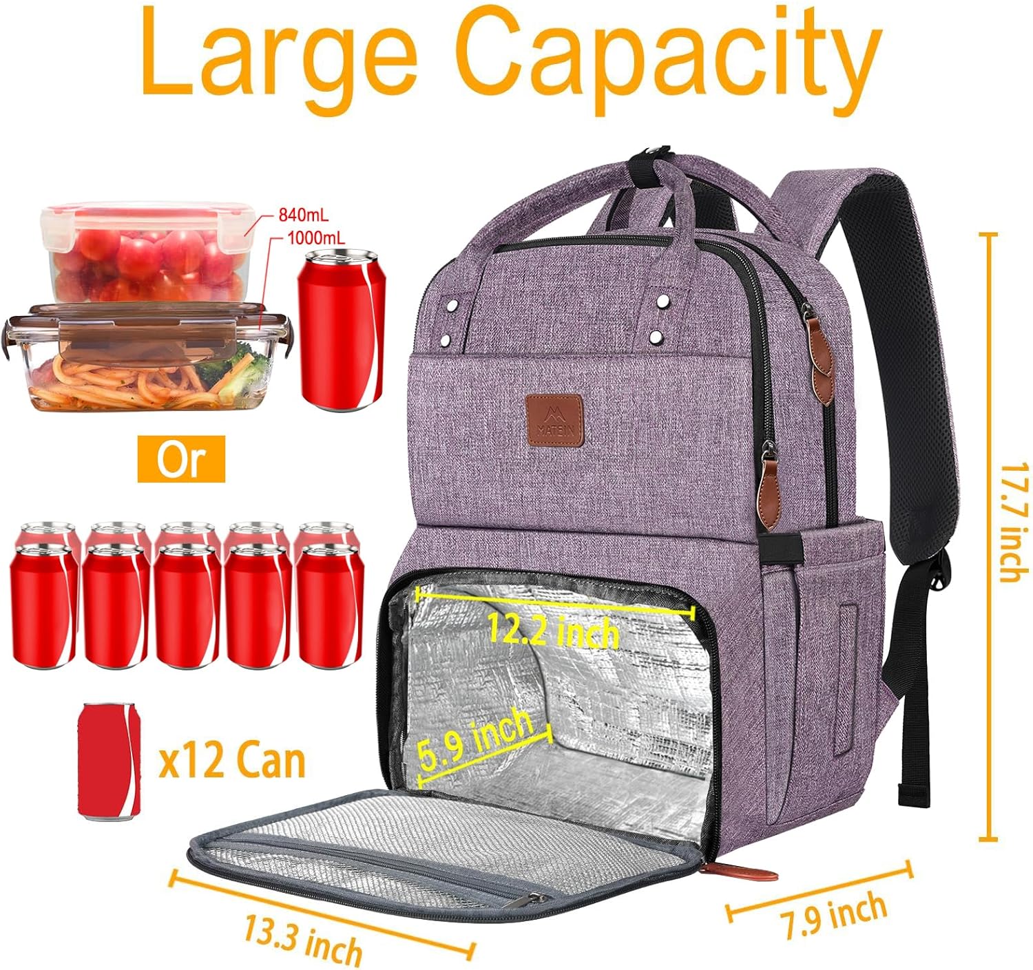 MATEIN Womens Backpack with Lunch Compartment, Fits 17 Inch Laptop Backpack, Water Resistant Cooler Backpack Tote Food Bag for Work College Travel Camping Picnic, (Purple)