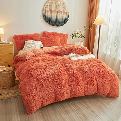 Miniatura 206 de Juego de funda de edredón rosa esponjosa tamaño Queen – Juego de ropa de cama de felpa de pelo sintético rosa de 3 piezas