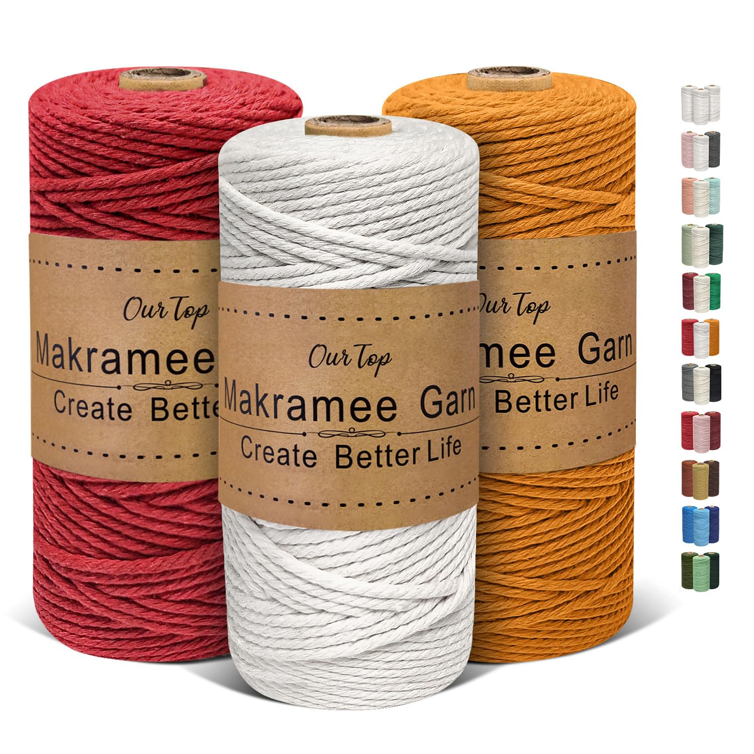 OurTop 3 Rolls Premium Macrame Cord, 3mm x 100m Braided Macrame Rope Twisted Cord Yarn Macrame Yarn Thick Rope for Wall Hangings, Plant Hangers, DIY Crafts(Beige, Orange, Red) — image 1