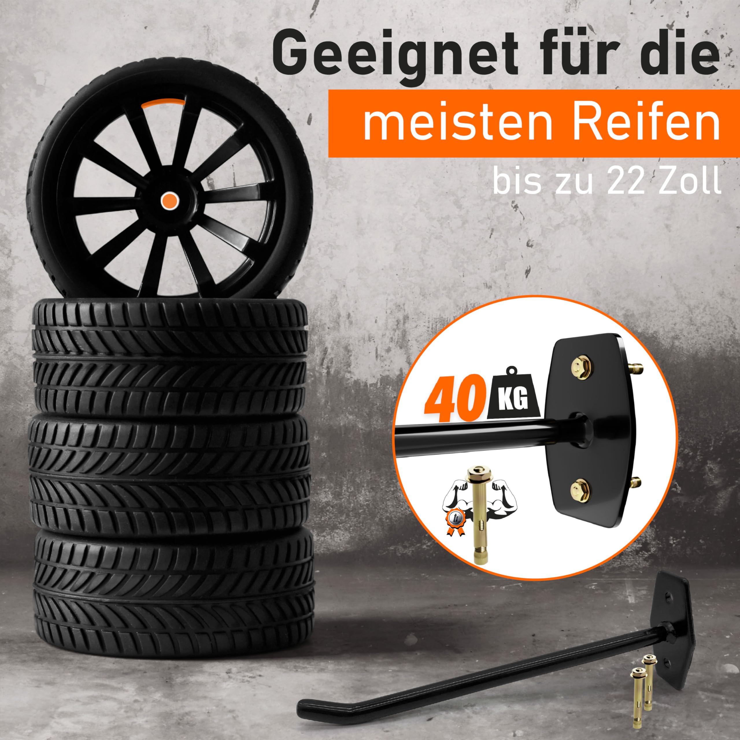 Upgrade4cars Reifen Wandhalterung Garage für 4 Felgen | Autoreifen Wandhaken bis zu 22 Zoll | Reifenhalter Haken Set | Edelstahl Reifenwandhalter Aufhängung Gummiert