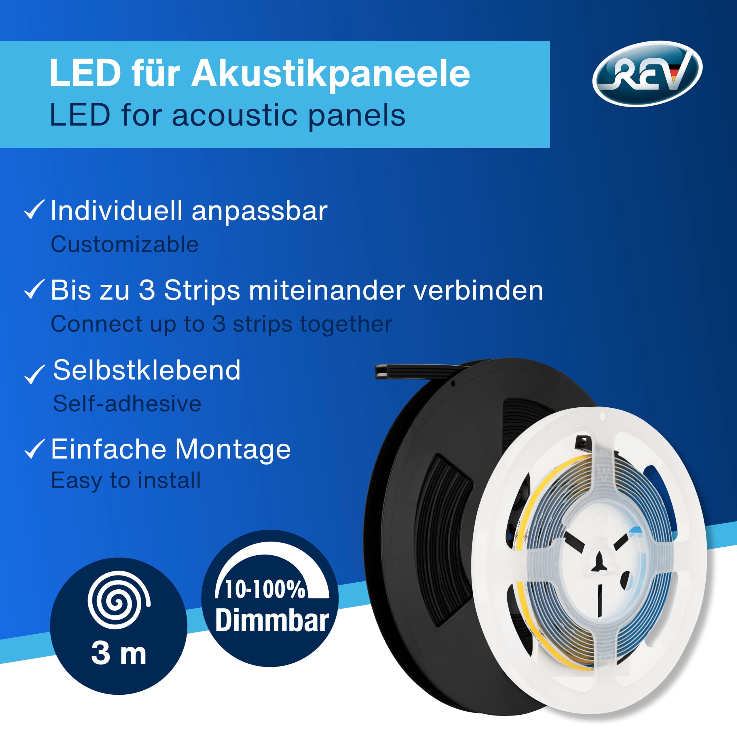 REV Juego de luces LED para paneles acústicos (2 x 3 m, autoadhesivas, color blanco, regulable, recortables, incluye perfil LED), invisible cuando está apagado