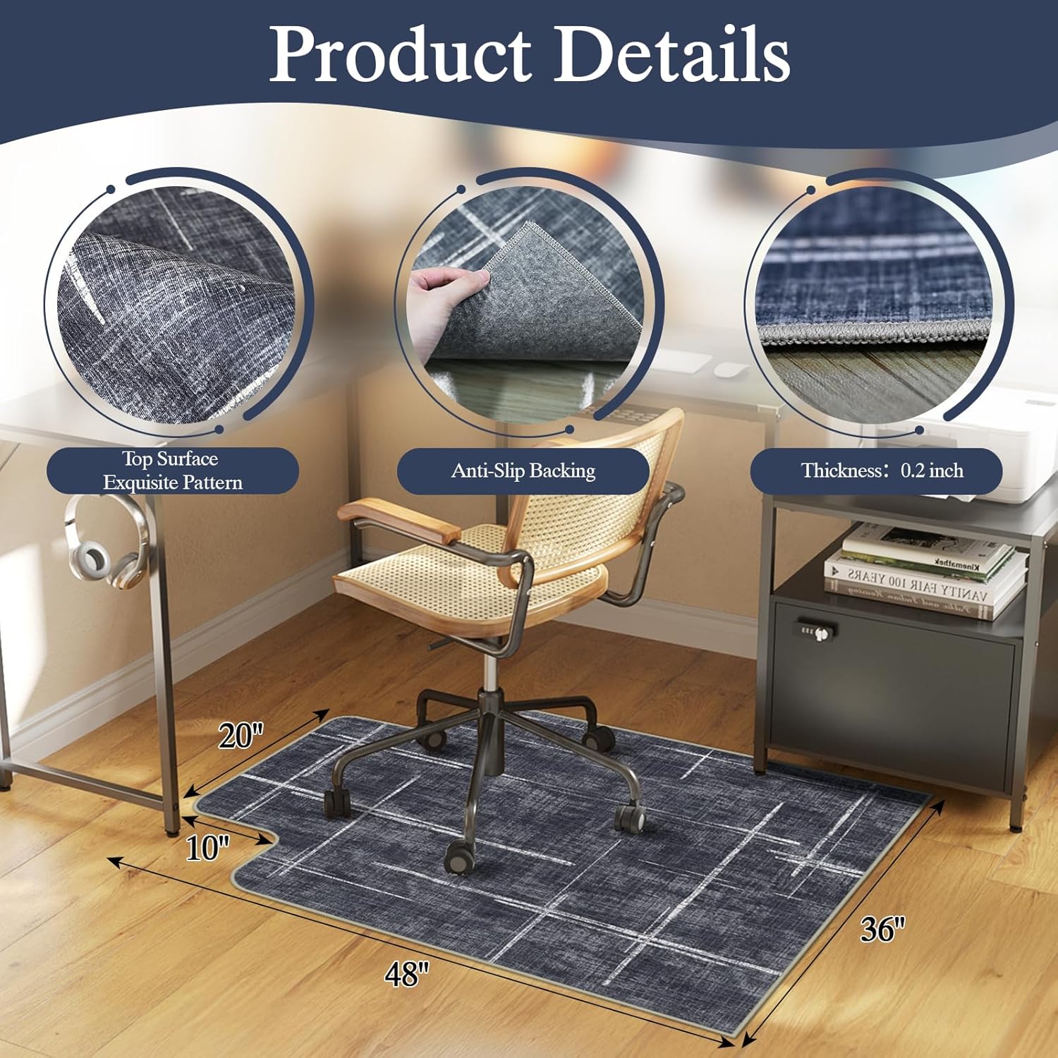 Office Chair Mat for Hardwood Floor & Tile Floor,36"X 48" Heavy Duty Desk Chair Mat for Hard Floors, Under Desk Rug for Rolling Computer Chair,Anti Slip,Low Pile Carpet Protector-Convex