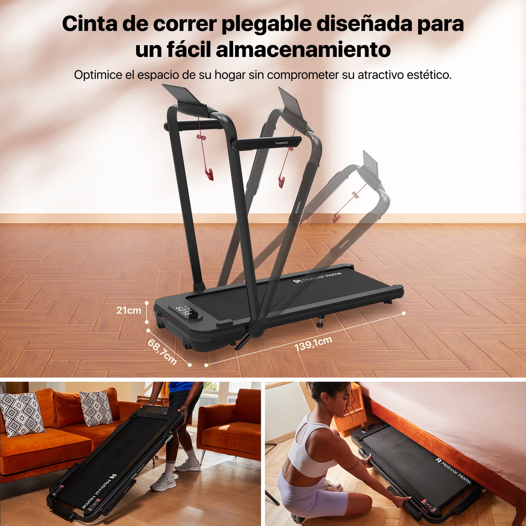 Mobvoi SE 3 en 1 - Smart IA con la App TicSports Cinta de Correr Plegable con Inclinación 6%, 2.5 HP, Portátil para Escritorio, Control Remoto y Pantalla LED