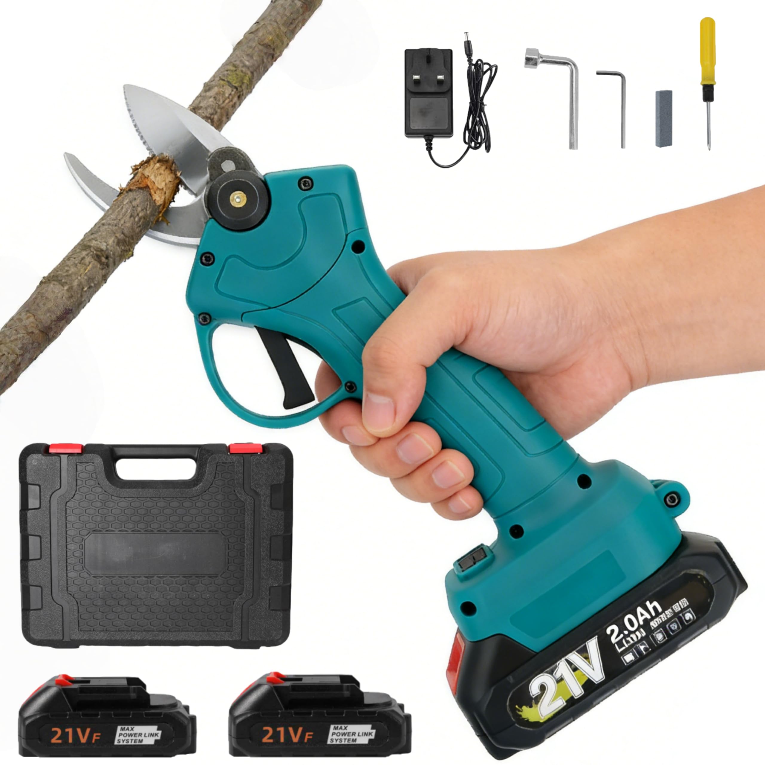 Cordless Electric Pruning Shears, 21V Electric Secateurs for Garden,Electric Scissors Equipped with 2Pcs Batteries, 35mm Cutting Diamete