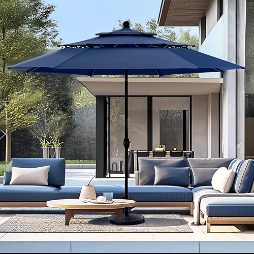 PHI VILLA Sombrilla para patio, sombrilla de mesa ventilada de 3 niveles, para exteriores, con 8 nervaduras, Azul oscuro