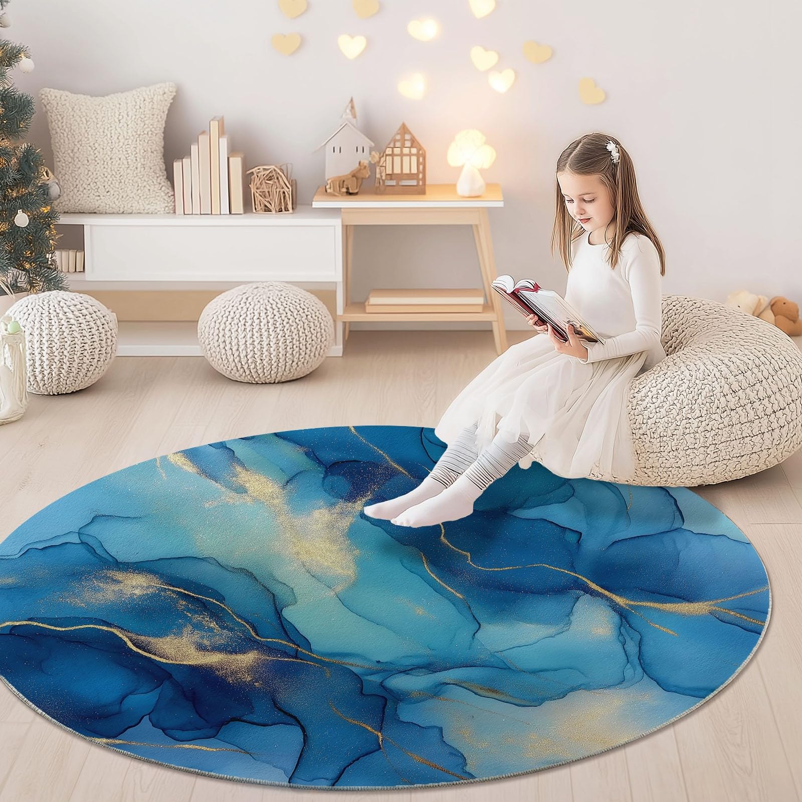Generisch Teppich Rund 160 cm Abstrakter Eleganter Marmor, rutschfest Teppiche Wohnzimmer, Runder Waschbar Rund Teppiche Kurzflor, Weich Runder Teppich Blau Gold for Wohnzimmer Schlafzimmer Studie