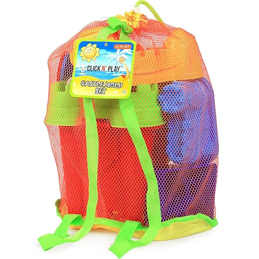 Click N' Play Beach Toys for Kids 3-10 - 13 Piece Sand Toys Including Sand Bucket, Watering Can, Rake, Shovel, 9 Sand Molds & Mesh Beach Toy Bag - Sandbox Toys for Toddlers