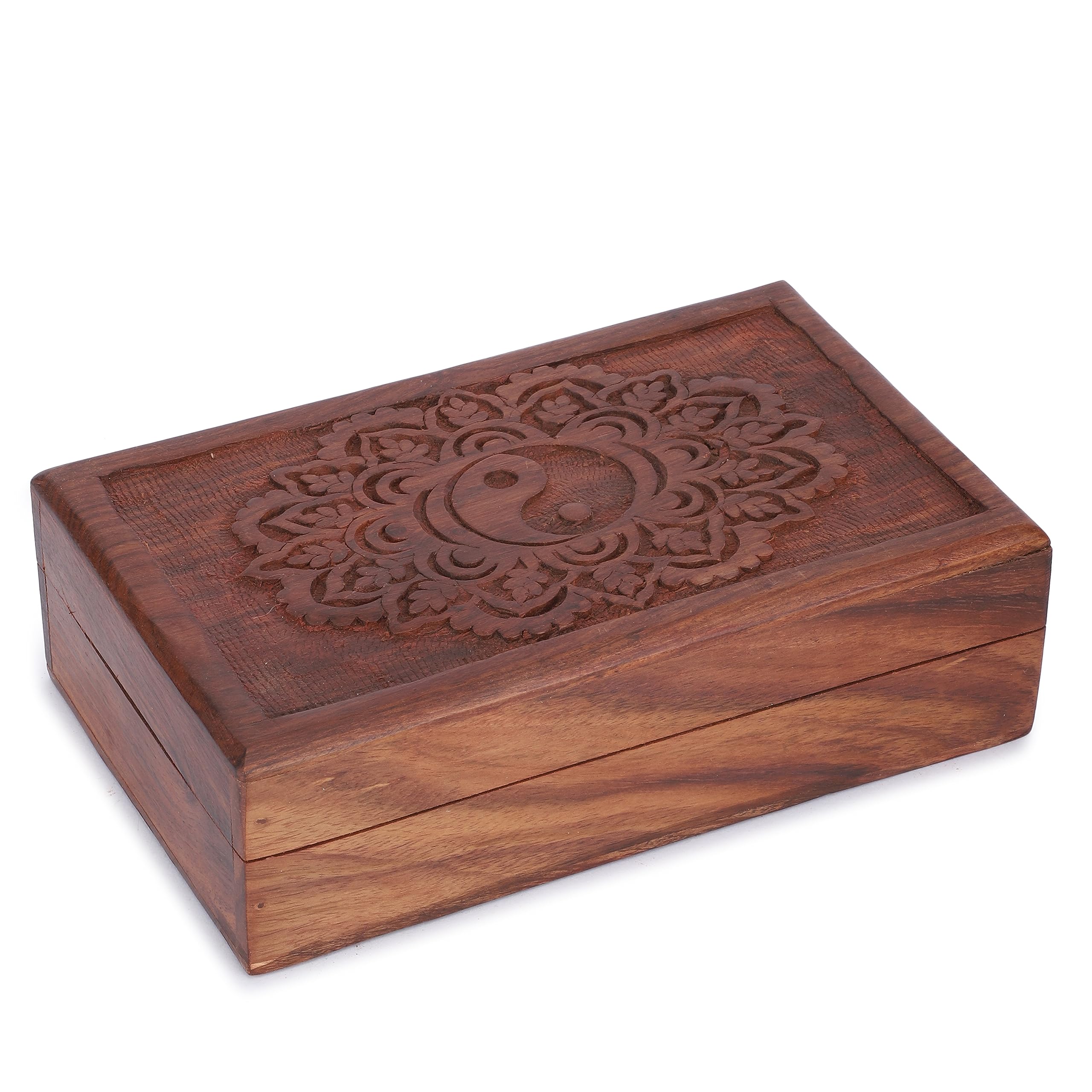 Ajuny Women's Brown Handcrafted Wooden Jewellery Box With Tai Chi Flower Design, Decorative Keepsake Box With Lid, Wooden Trinket Box For Storing Memories And Keepsake, Home Décor Gift 8X5 Inch