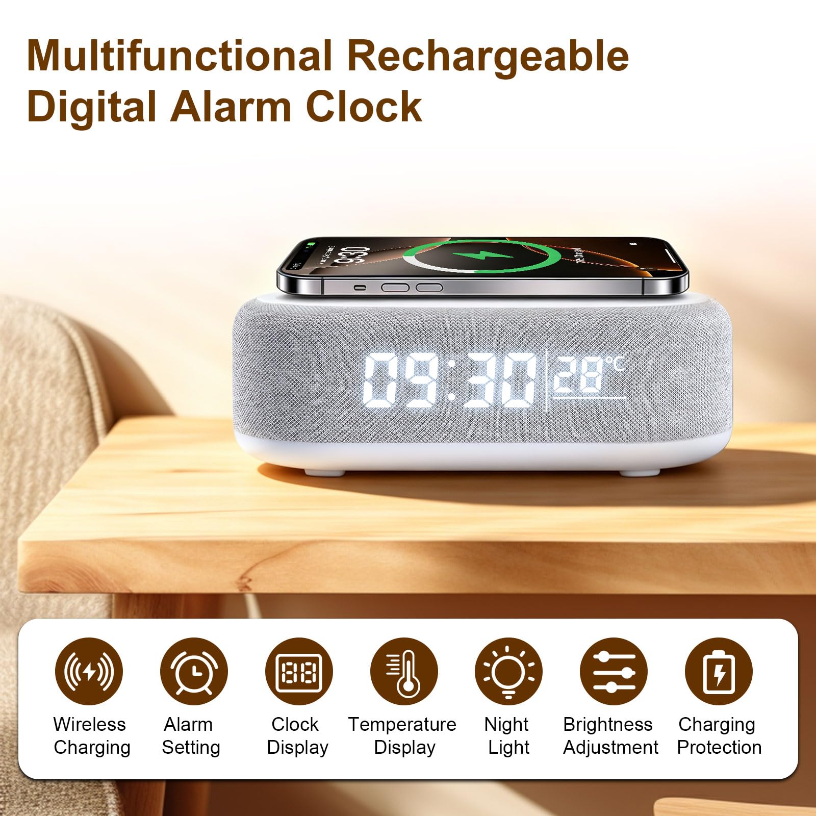 4 In1 Smart Wecker, Digitaler Tischwecker mit Licht und Ladestation, Radiowecker mit Ladefunktion & Temperaturanzeige, Helligkeit regelbar, ABS Tischuhr für Schlafzimmer Schreibtisch