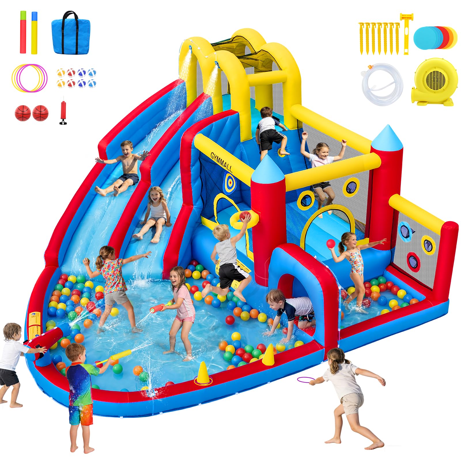 Photo 1 of GYMMALL Inflatable Bounce House Double Water Slide with 620 W Blower, Blow up 12-in-1 Waterslide Park Bouncy Castle Outdoor and Indoor, Bouncer House with Large Pool, Climbing Wall and Obstacle Course