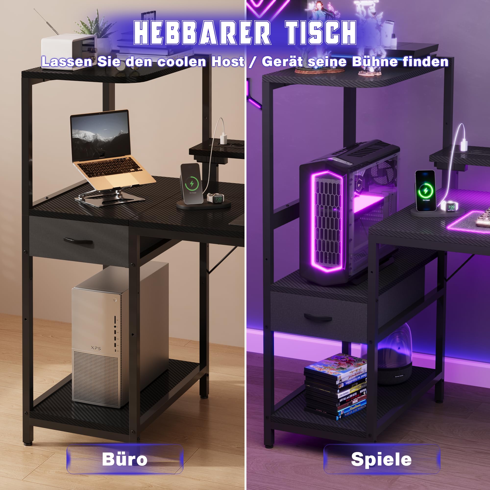 JUMMICO 140×60cm Gaming Tisch mit Steckdose & Lichtleiste, umkehrbarer computertisch mit Monitorständer, schubladen & Ablagefach, Kopfhörerhaken, Gaming Schreibtisch Carbon Fiber Schwarz