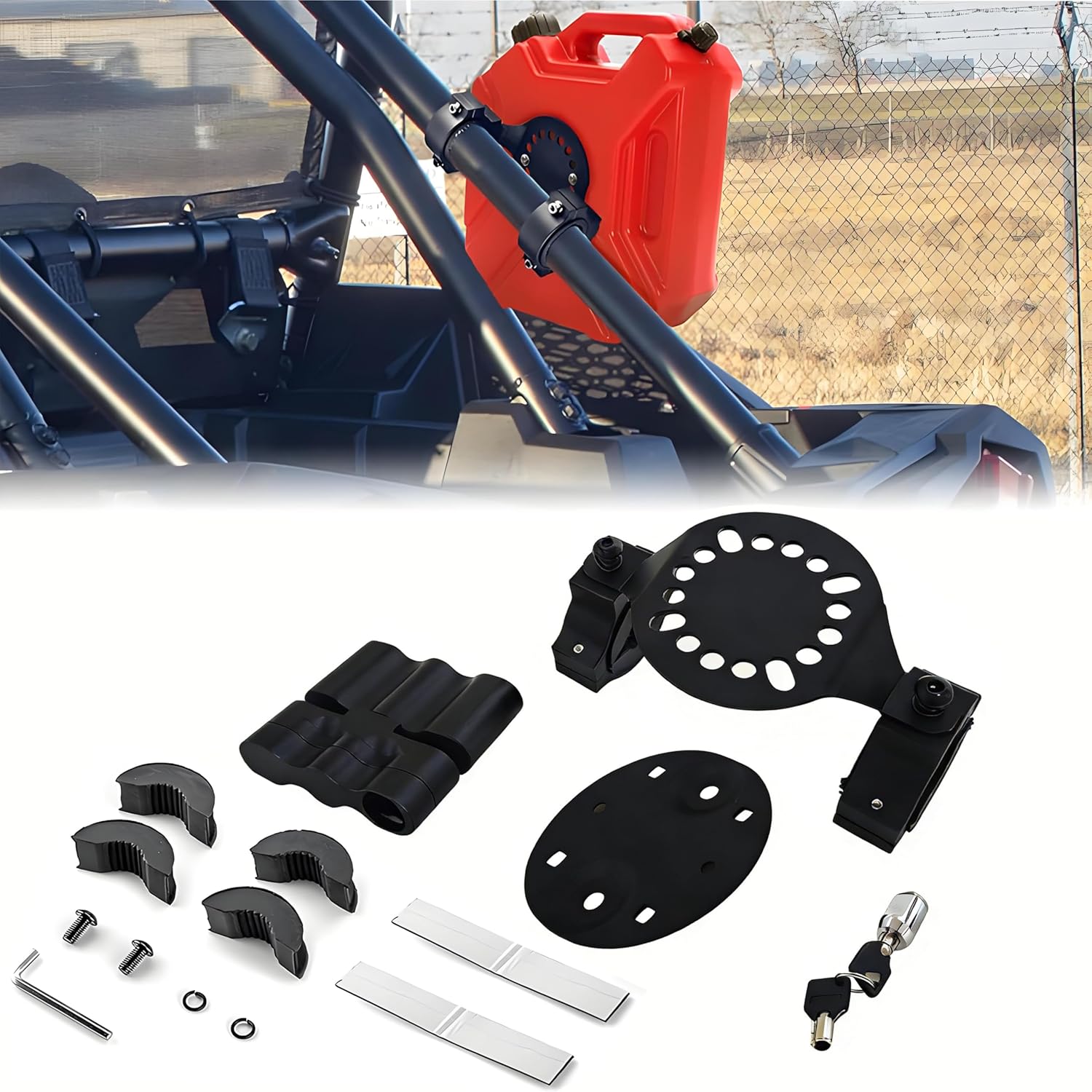 UTV Gas Can Mount,Off Road Gas Can Mount for 1’’ 1.5’’ 1.75’’ 2’’ Roll Cage with Key,Pole Installation,Compatible with RotopaX Standard Fuel Pack, Water Container, Gasoline Pack, Storage Box