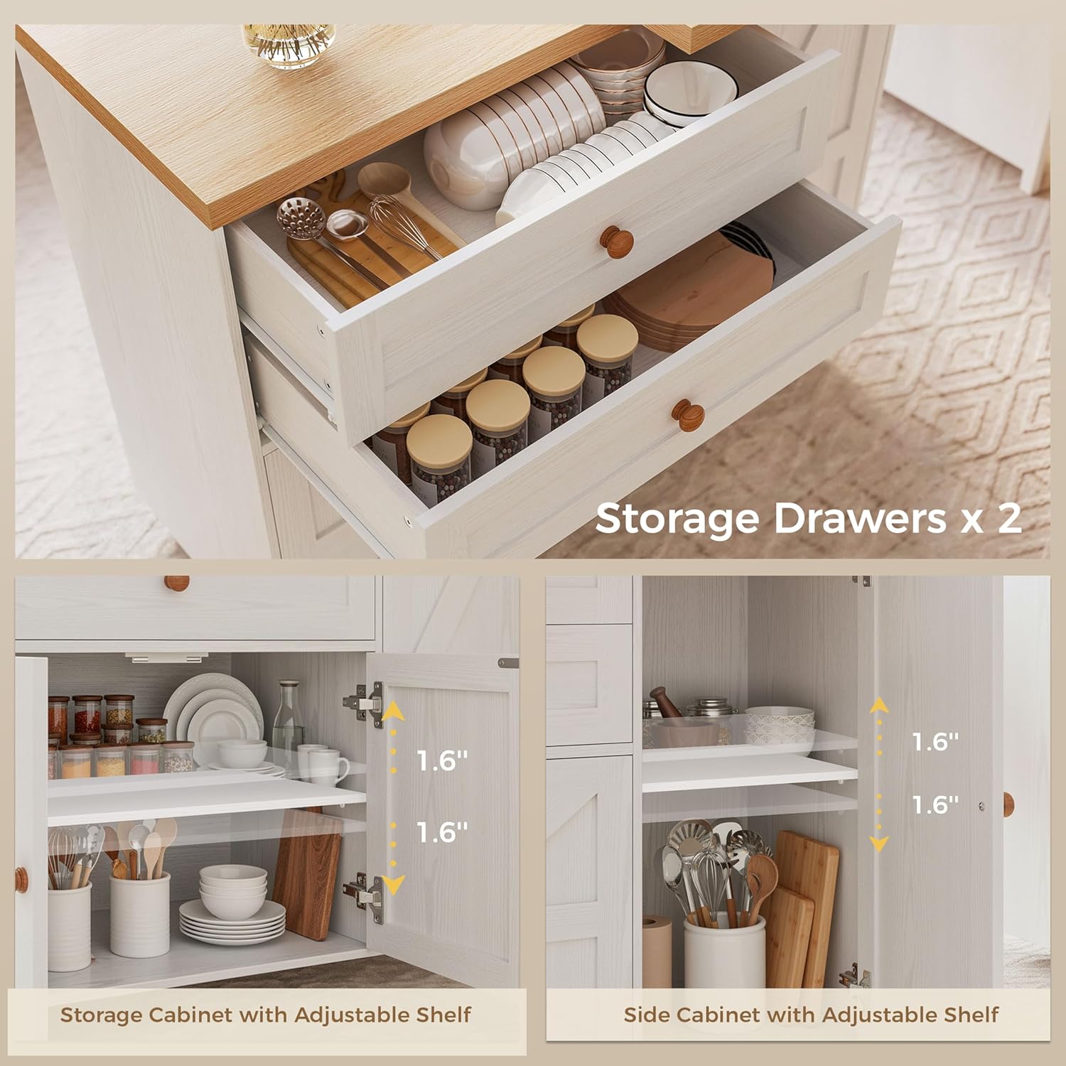 IRONCK Kitchen Island on Wheels with Storage, 71in Mobile Kitchen Cart with 3 Shelves and Drawers, Rolling Island with 360°Rotating Tabletop and Spice Rack, White