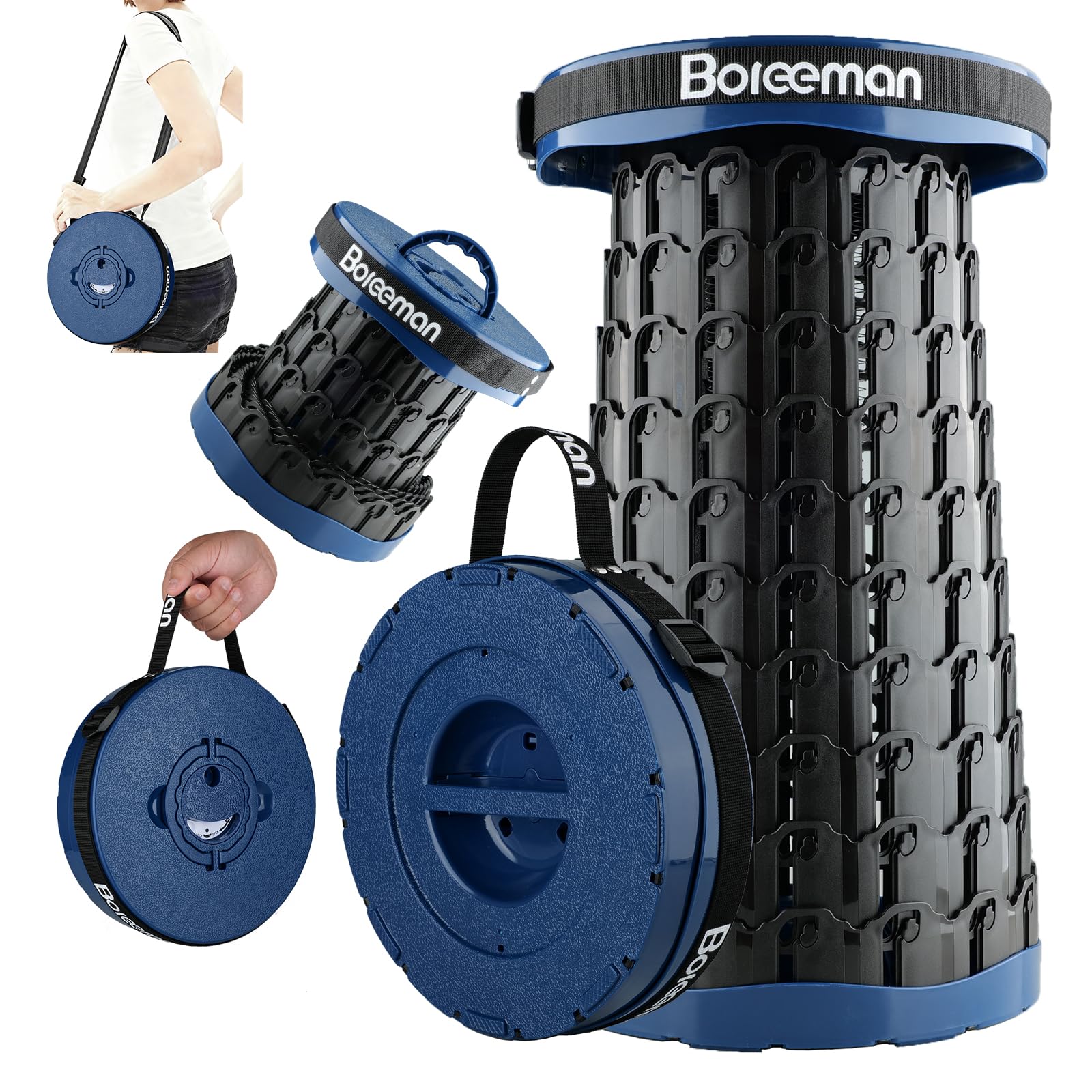 Boreeman 2026 Upgraded Collapsible Stool Lightweight Yet Sturdy with Load Capacity 800lbs Portable Folding Stool for Camping Fishing Hiking BBQ (Navy)