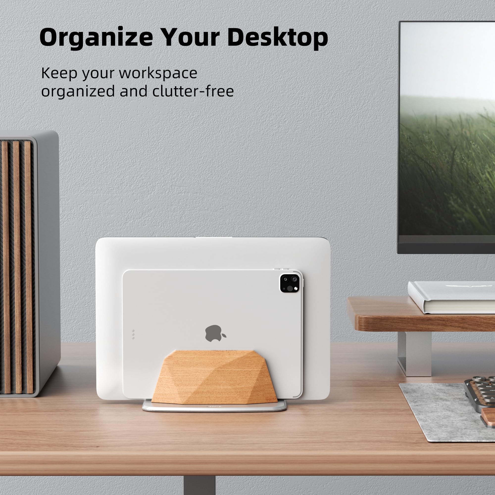 AFOOYO Soporte vertical para laptop, soporte ajustable de madera con doble ranura, base de escritorio compatible con todos los MacBook, Surface, Chromebook, Dell y más (madera de haya)