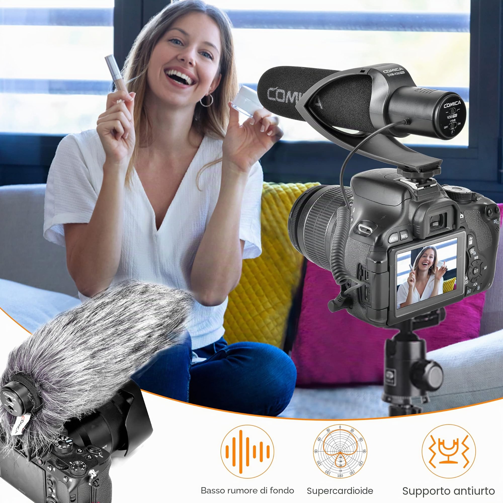 COMICA CVM-V30 Pro fotocamera Microfono direzionale a condensatore Shotgun Video Microfono Supercardioide per Canon Nikon Sony Panasonic DSLR Camera with 3.5mm Jack (nero)