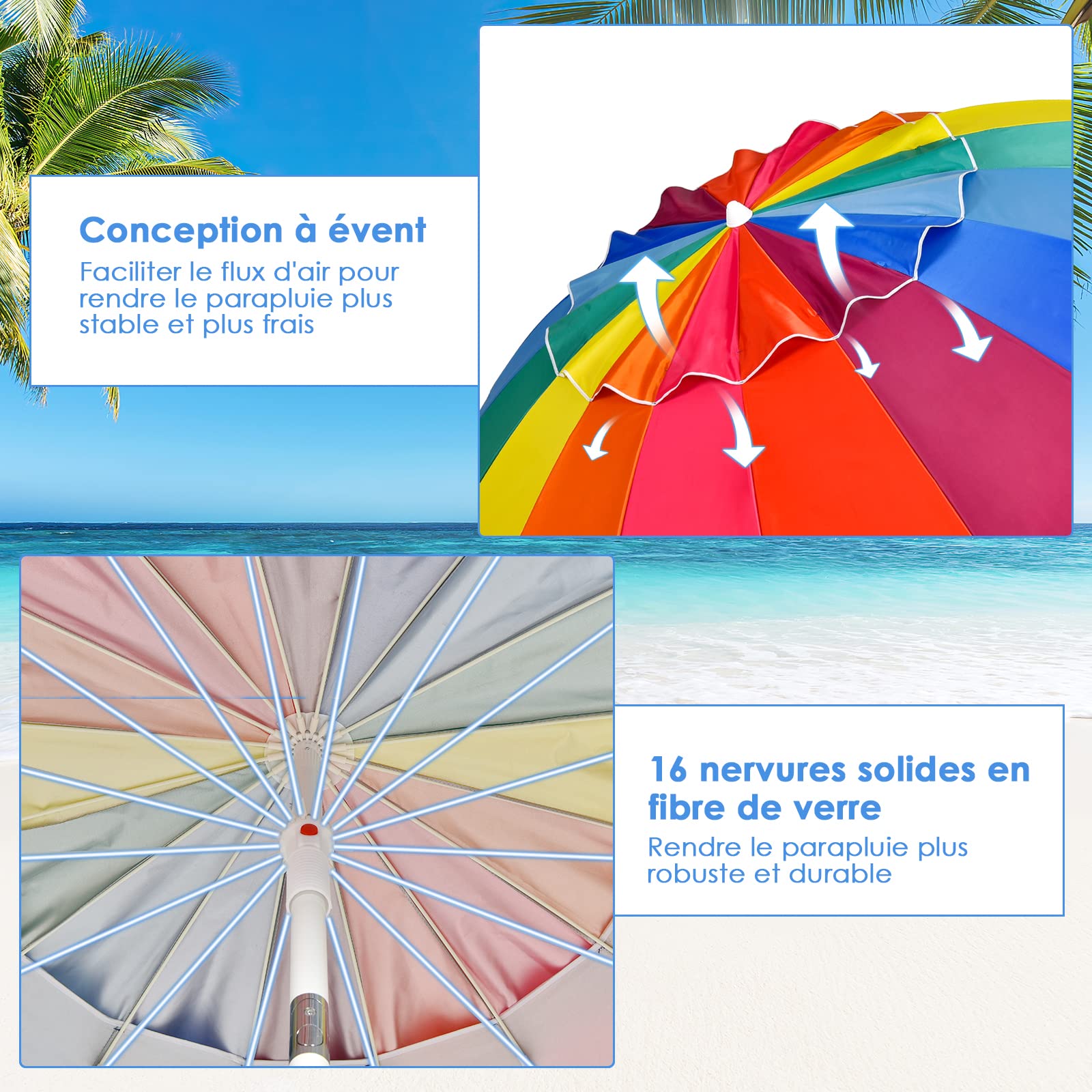 RELAX4LIFE Parasol de Plage Inclinable Ø245 cm (Multicolore)