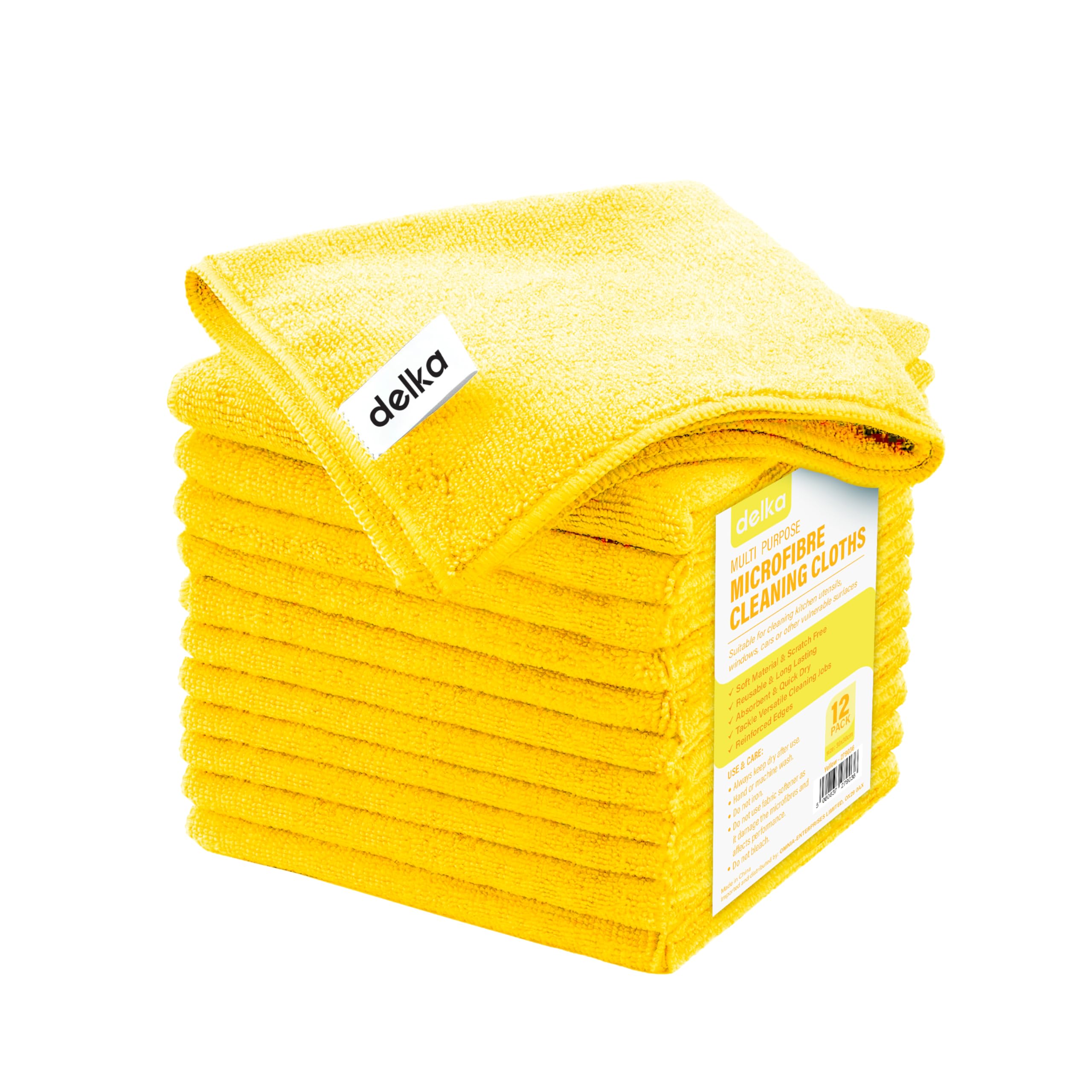 delka Microfibre Cleaning Cloths –Multi-Purpose, Ultra Soft & Lint-Free –Reusable, Streak-Free for Kitchen, Car, Glass, Windows & Electronics (Yellow, 12 Pack)