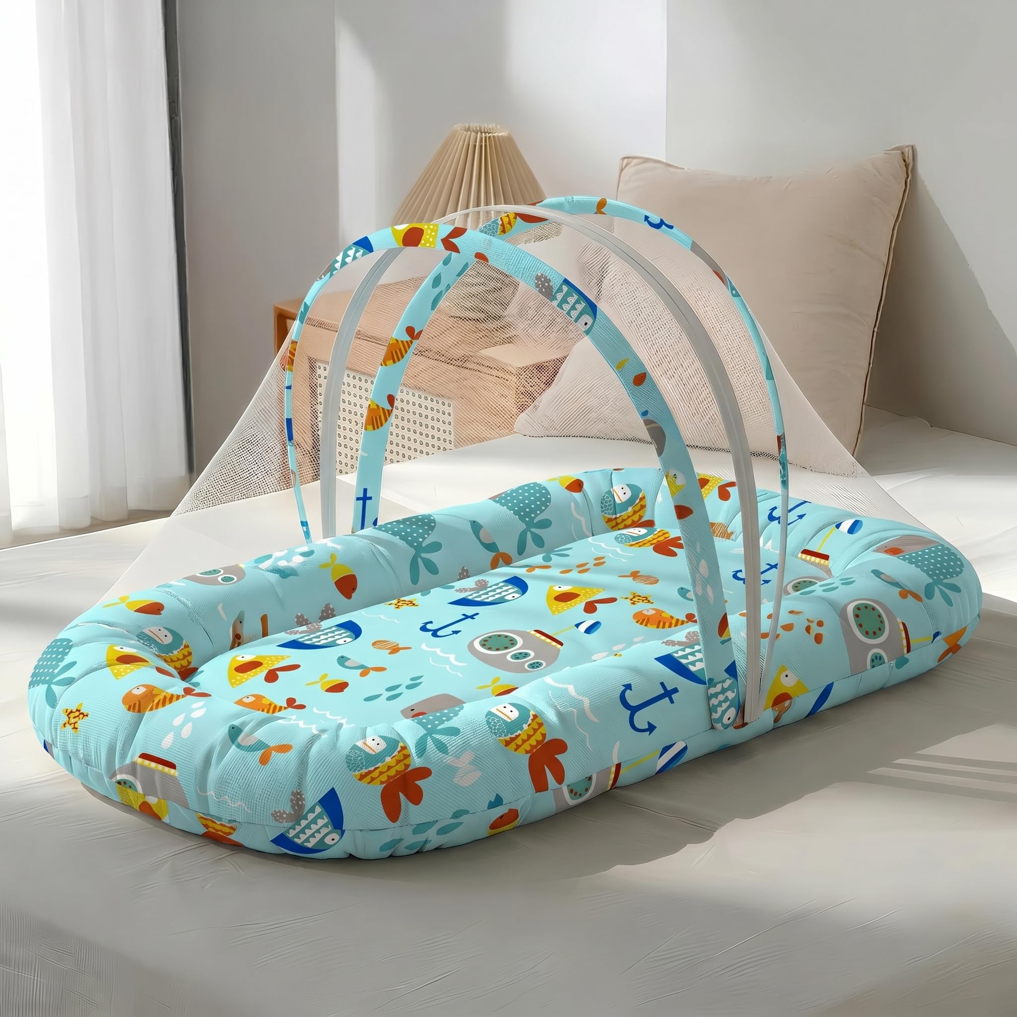staranddaisy 3 in 1 baby nest mosquito net for sleeping - newborn, mosquito net for baby/soft and comfortable bed, washable cotton design for 0-12 months baby (aqua print)