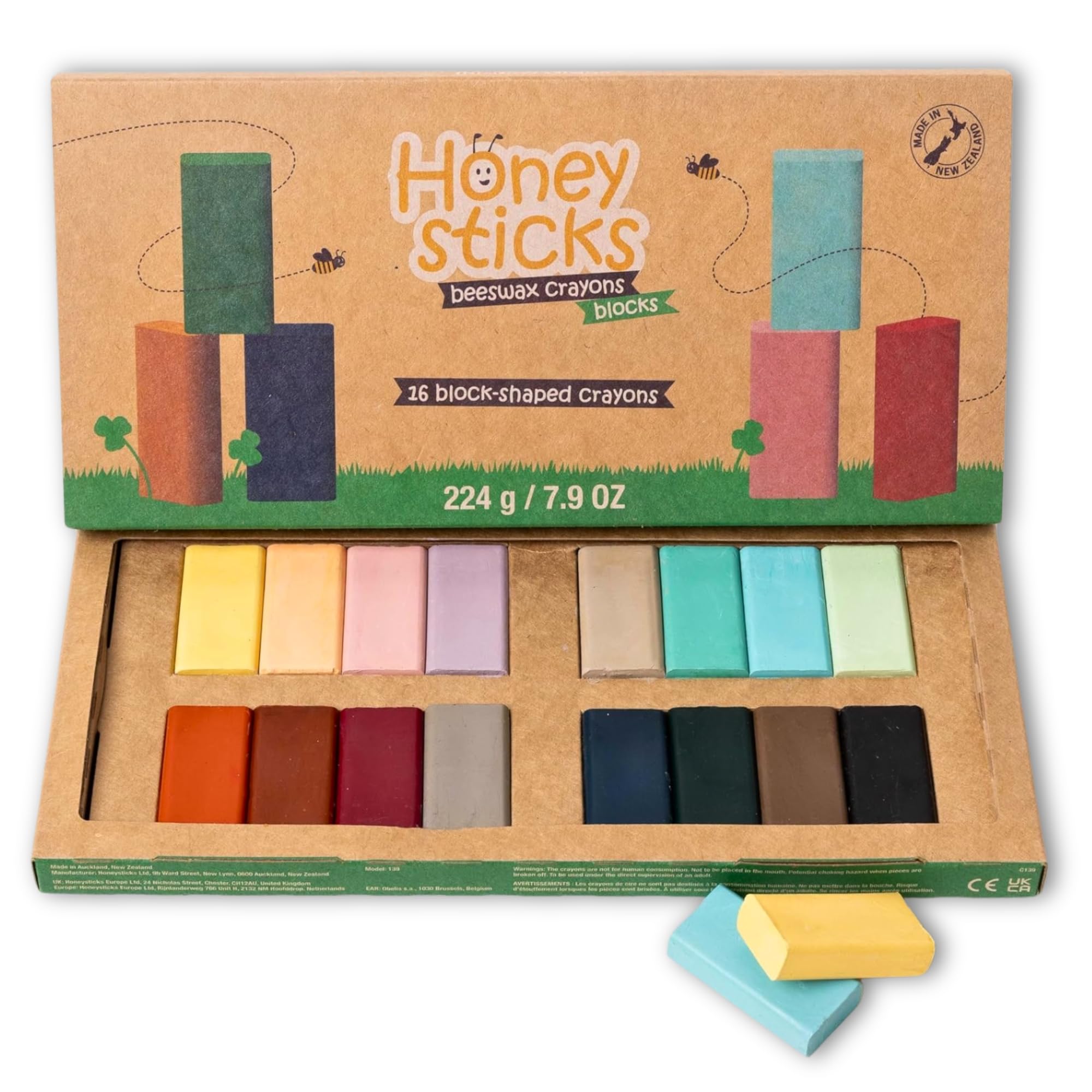 Honeysticks Block Crayons (16 Pack), Non Toxic Crayons for Kids, Toddlers, Made from Pure Beeswax and Food-Grade Colors, Long Lasting Jumbo Crayons for Drawing, Coloring, Preschool Art Supplies