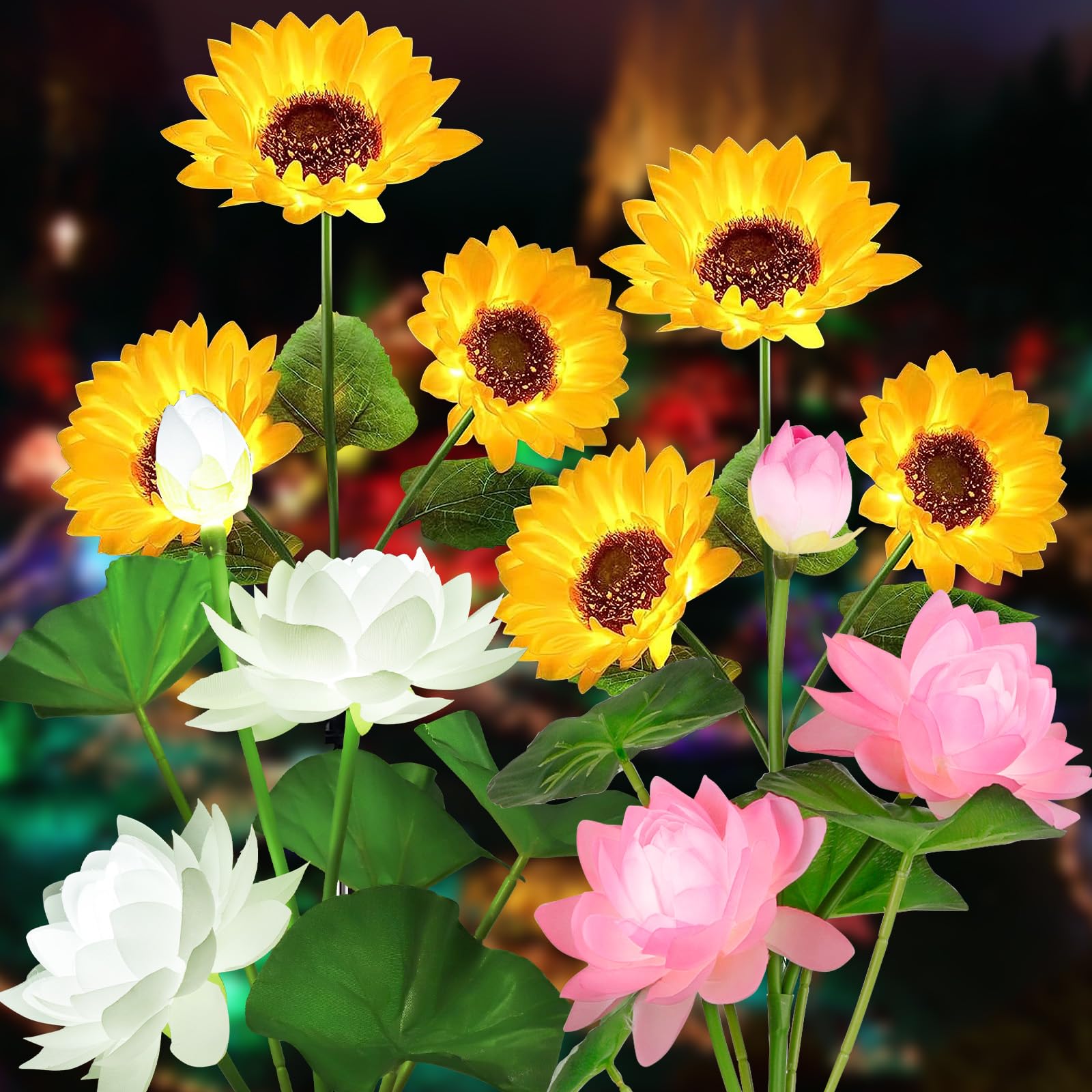 Solar Flower Lights - 4 Pack Outdoor Waterproof Sun Powered Lotus Sunflowers Landscape Decorative Glowing Lights for Yard