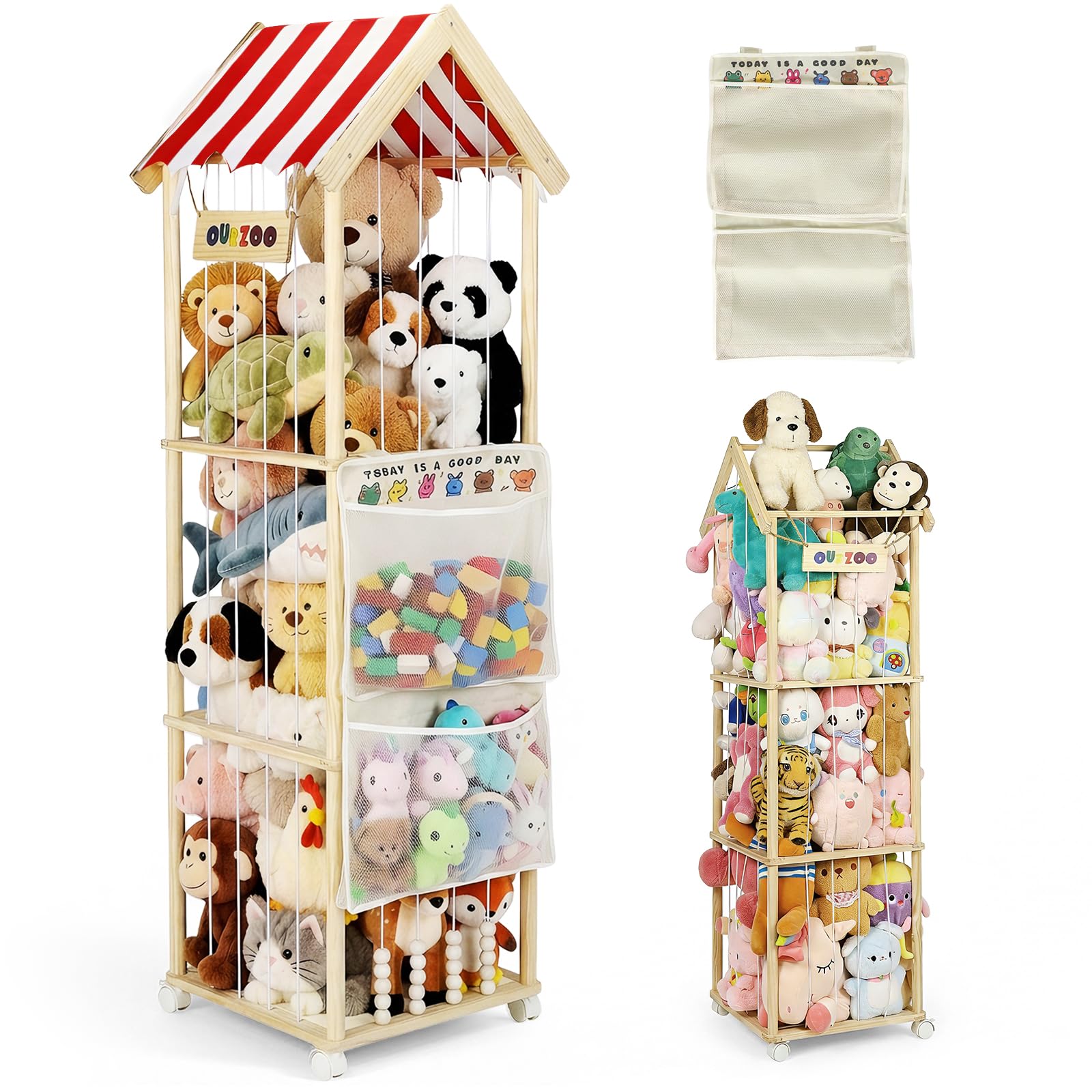Rangement pour Peluches, 151x46x46CM Rangement Peluche Enfant en Bois Massif, Range Peluche avec Roulettes Pivotantes Verrouillables à 360° pour Chambre de Bébé, Salon, Chambre D'enfant