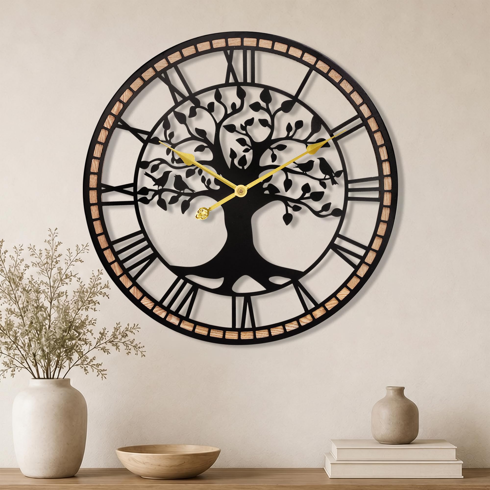 Wanduhr Groß,51/60/80CM Wanduhr Holz,Baum des Lebens und Holzrahmendesign,Stumm - Kein Tickendes Geräusch,für Esszimmer,Schlafzimmer,Küche,Büro,Wanduhr Wohnzimmer