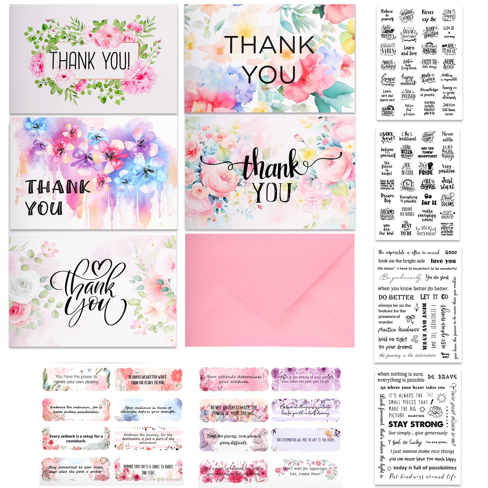 Thank You Cards Multipack Set, 50 PCS Floral Design Thank You Notes with Envelopes and Stickers for Teachers Wedding