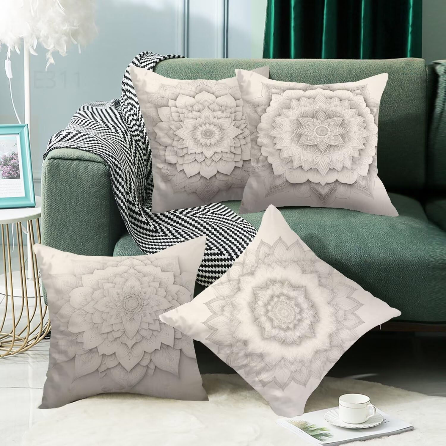Crema Federe Cuscini Divano 50x50cm,4 Pack Boemia Estate Esterno Cuscini per Divano,Doppio Lato Quadrato Morbido Cuscini Divano,per Divano Soggiorno Sedia Autunno Dekoration Cuscino,Regali LY-311
