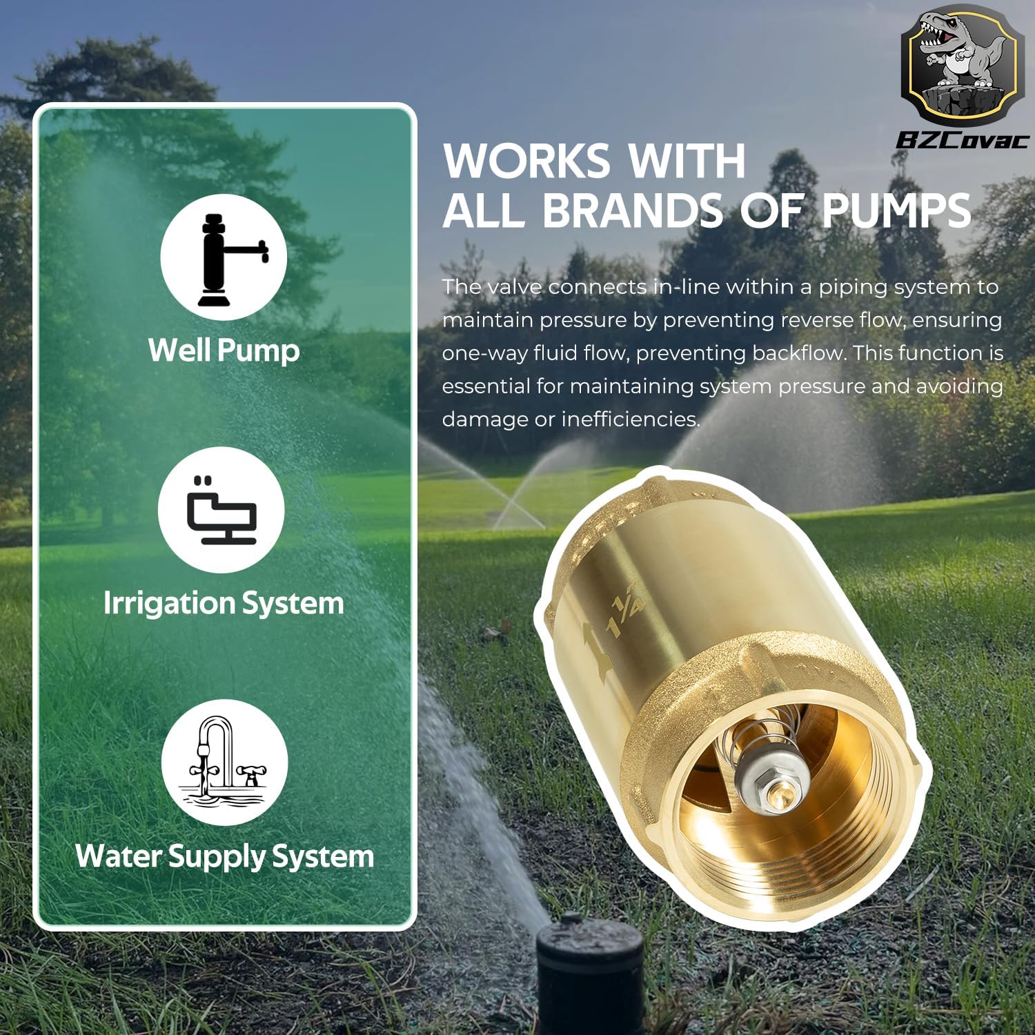 Check Valve with Backflow Prevention, Universal 1-1/4 inch One-Way Female Pipe Thread, Lead-Free Brass Construction, 1.25'' FNPT × 1.25'' FNPT