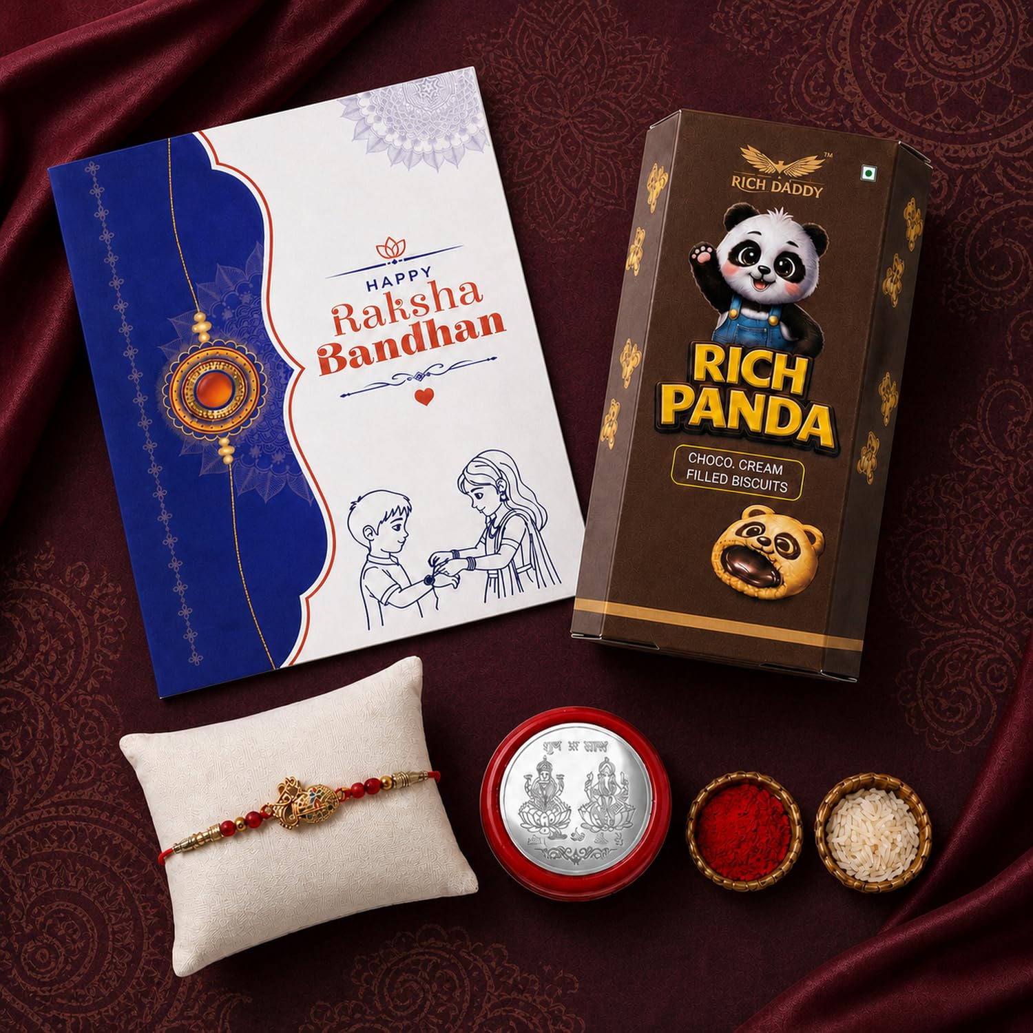 Garth Om Multicolor Rakhi for Brother & Bhaiya with Chocolate Cream Filled Biscuit 60gm - Raksha Bandhan Gift Set with Roli Tikka, Pooja Coin & Greeting Card | Rakhi Gift for Brother, Pack of 5 (1164)-image-12