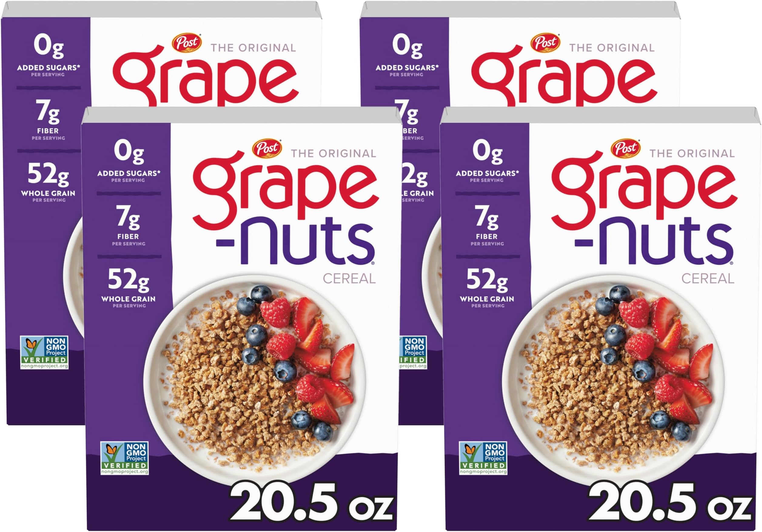 - Post Grape Nuts Original Breakfast Cereal, Crunchy Whole Grain Wheat and Barley Cereal, Non-GMO Project Verified, 20.5 OZ Box (Pack of 4)