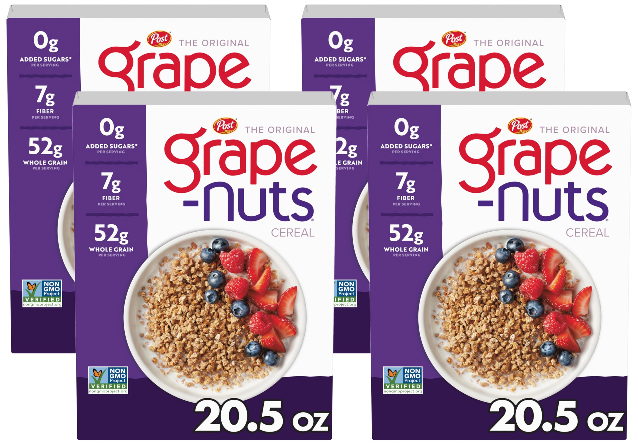 Post Grape Nuts Original Breakfast Cereal, Crunchy Whole Grain Wheat and Barley Cereal, Non-GMO Project Verified, 20.5 OZ Box (Pack of 4)