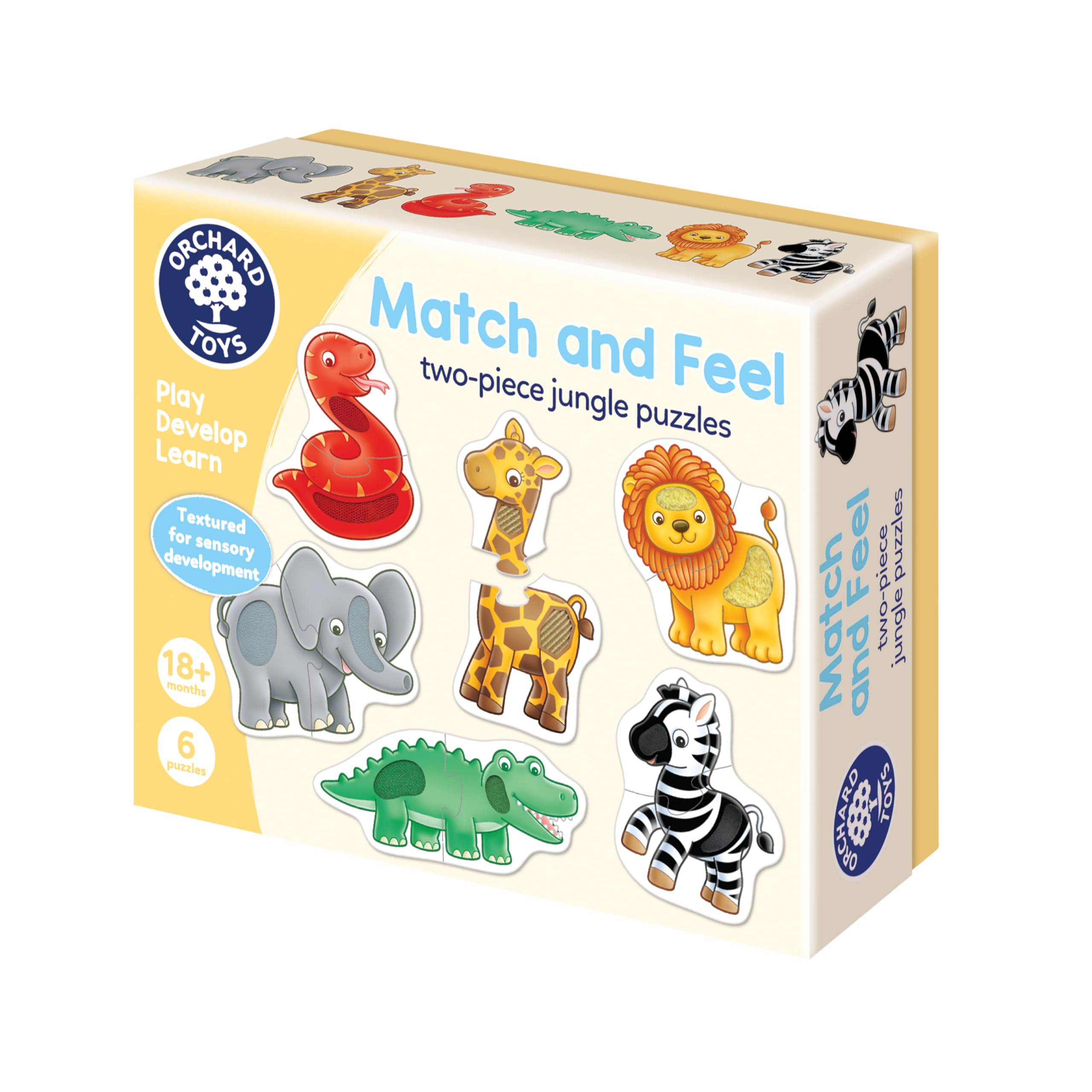 Orchard Toys Match and Feel Jungle Puzzles – 6 textured two-piece puzzles featuring jungle animals. A sensory learning toy for toddlers that develops matching, motor skills and animal recognition