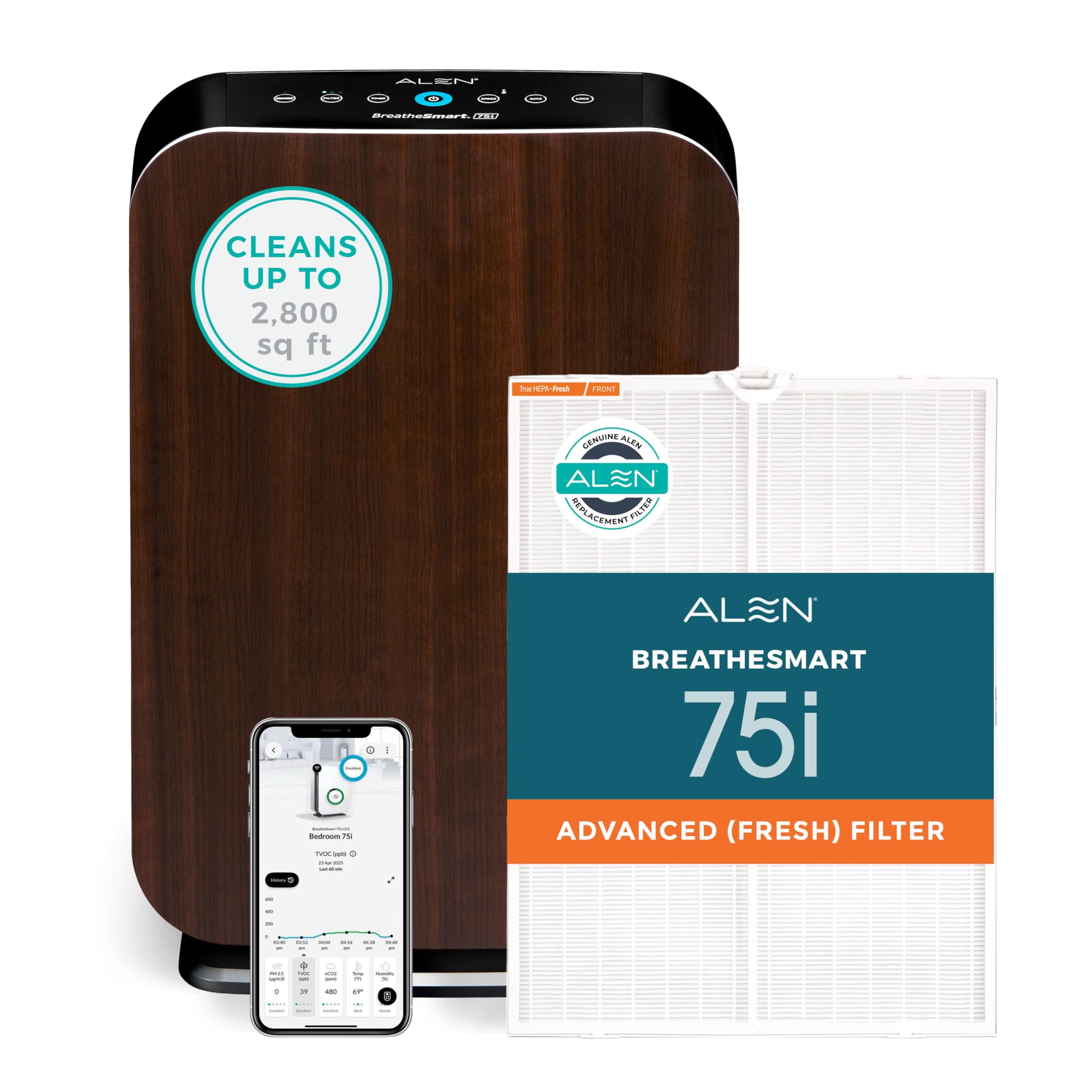 Alen Air Purifier BreatheSmart 75i HEPA with Fresh Filter + Carbon for Large Rooms up to 2800 Sq. Ft - Perfect for Living Room & Kitchen - Captures Dus + Household Odors & Smoke - Espresso