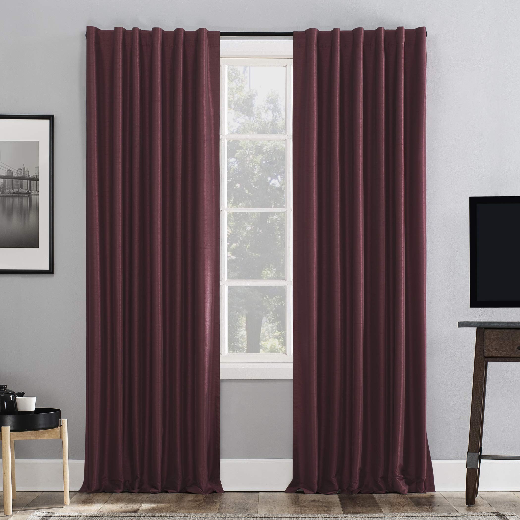 Sun Zero Faux Dupioni Silk Extreme 100% Blackout Back Tab Curtain Panel, Bordeaux Red, 50" W x 84" L (Pack of 1)