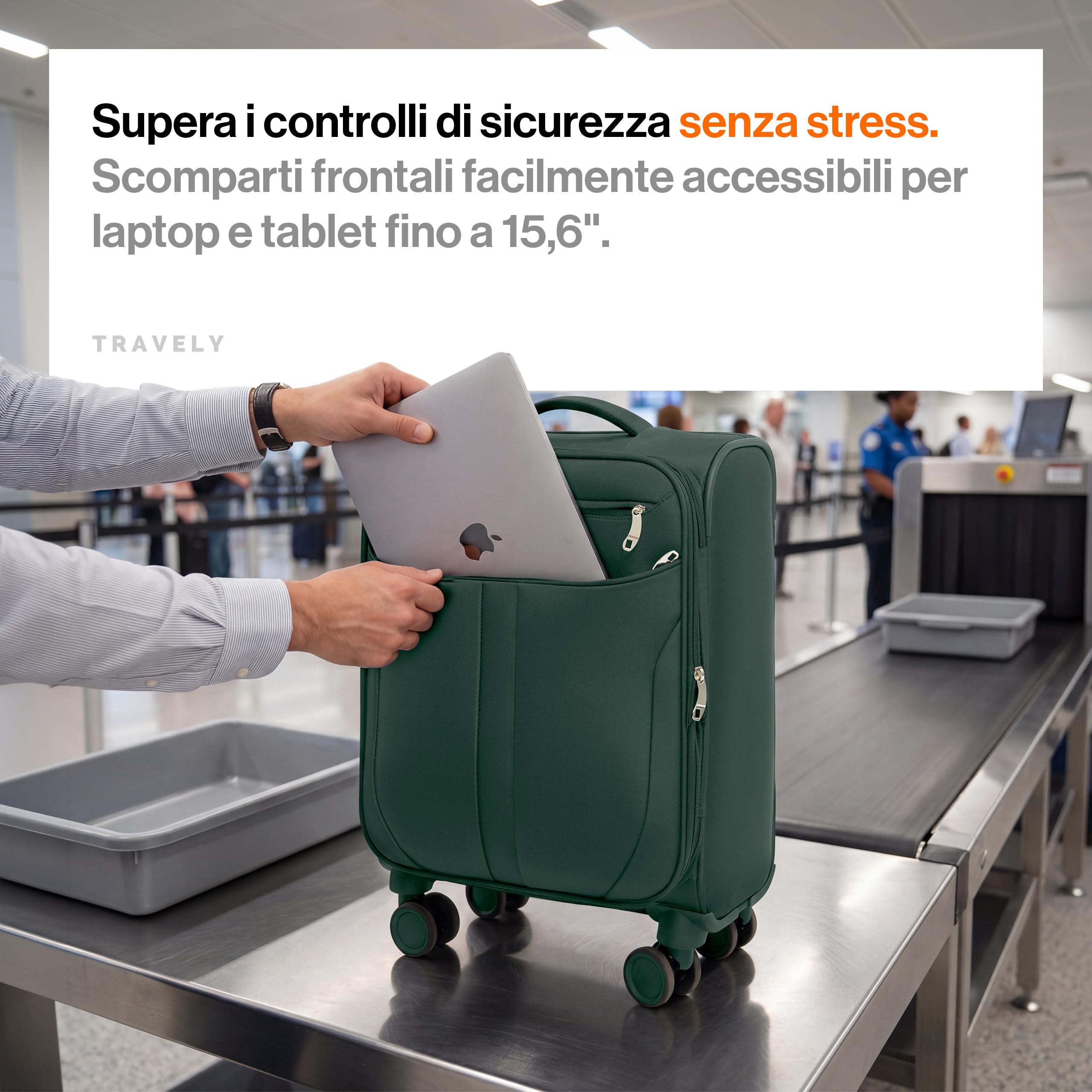 Travely Valigia M in tessuto - Valigia cabina con scomparto per laptop fino a 15,6", 4 ruote e lucchetto TSA - valigia morbida leggera espandibile, idrorepellente