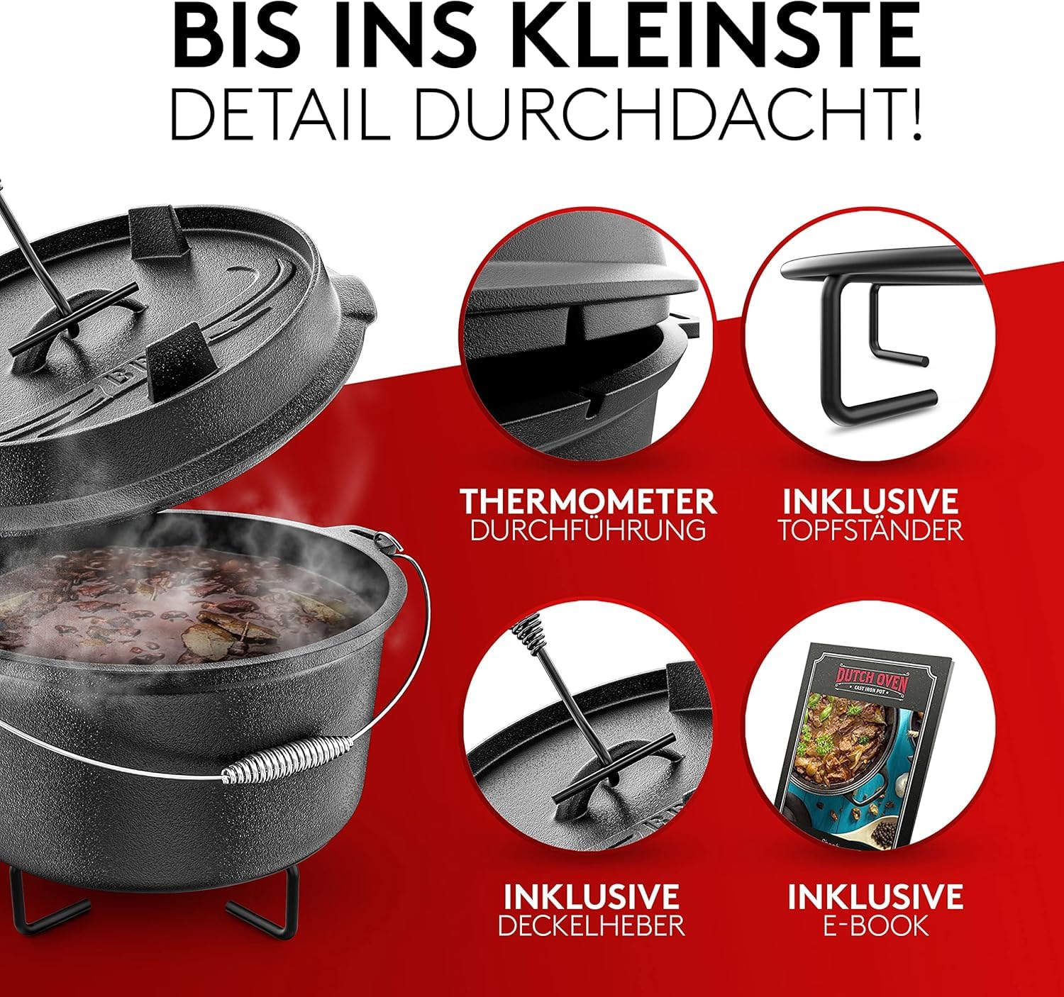 Grill Dutch Oven – zestaw Dutch Oven [8 l] – nadaje się do kuchenek indukcyjnych – ze stojakiem na garnek – wypalony żeliwny garnek – w zestawie Podnośnik pokrywy i e-book.