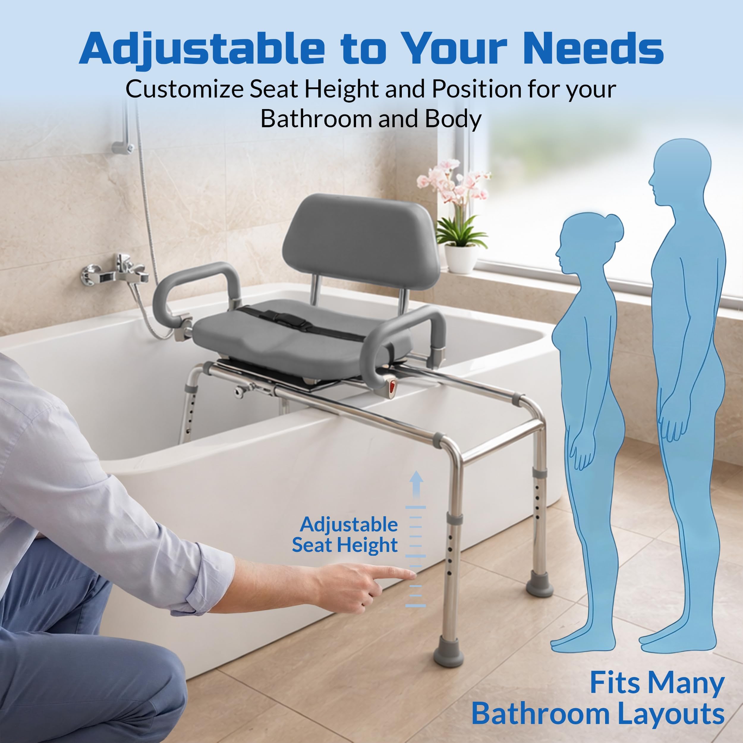 Banco de Transferencia Deslizante de carrusel con Asiento Giratorio. Silla de baño y Ducha Acolchada Brazos pivotantes. Diseño de Ahorro de Espacio para bañeras y duchas.