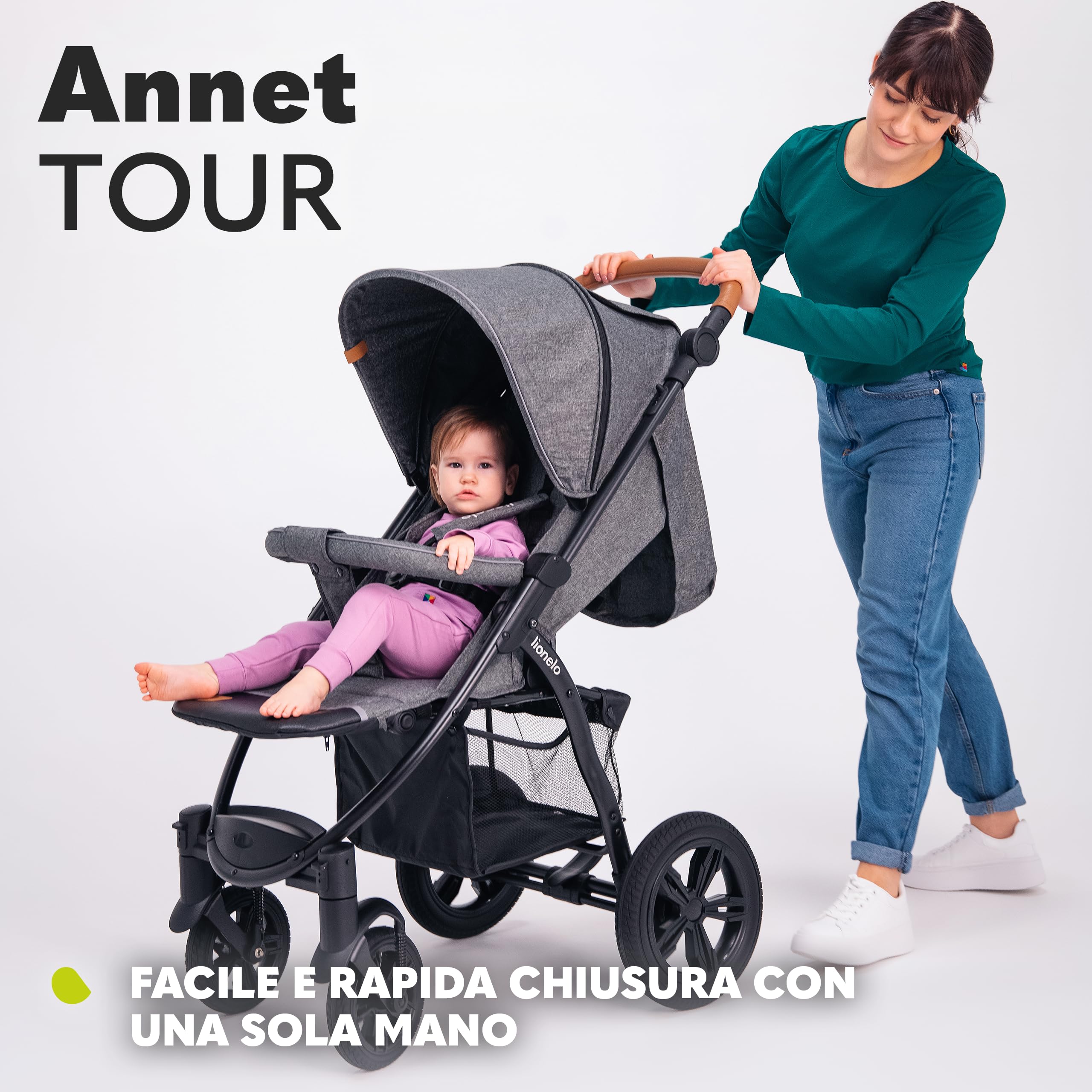 LIONELO Passeggino compatto per bambini dalla nascita fino a 22kg Pieghevole Completa regolazione Posizione sdraiata Cinture 5punti Grandi ruote Ammortizzazione Cappottina XXL (DREAMIN, ANNET TOUR) | , Posizione Sdraiata, Cinture a 5 Punti, Grandi Ruote A