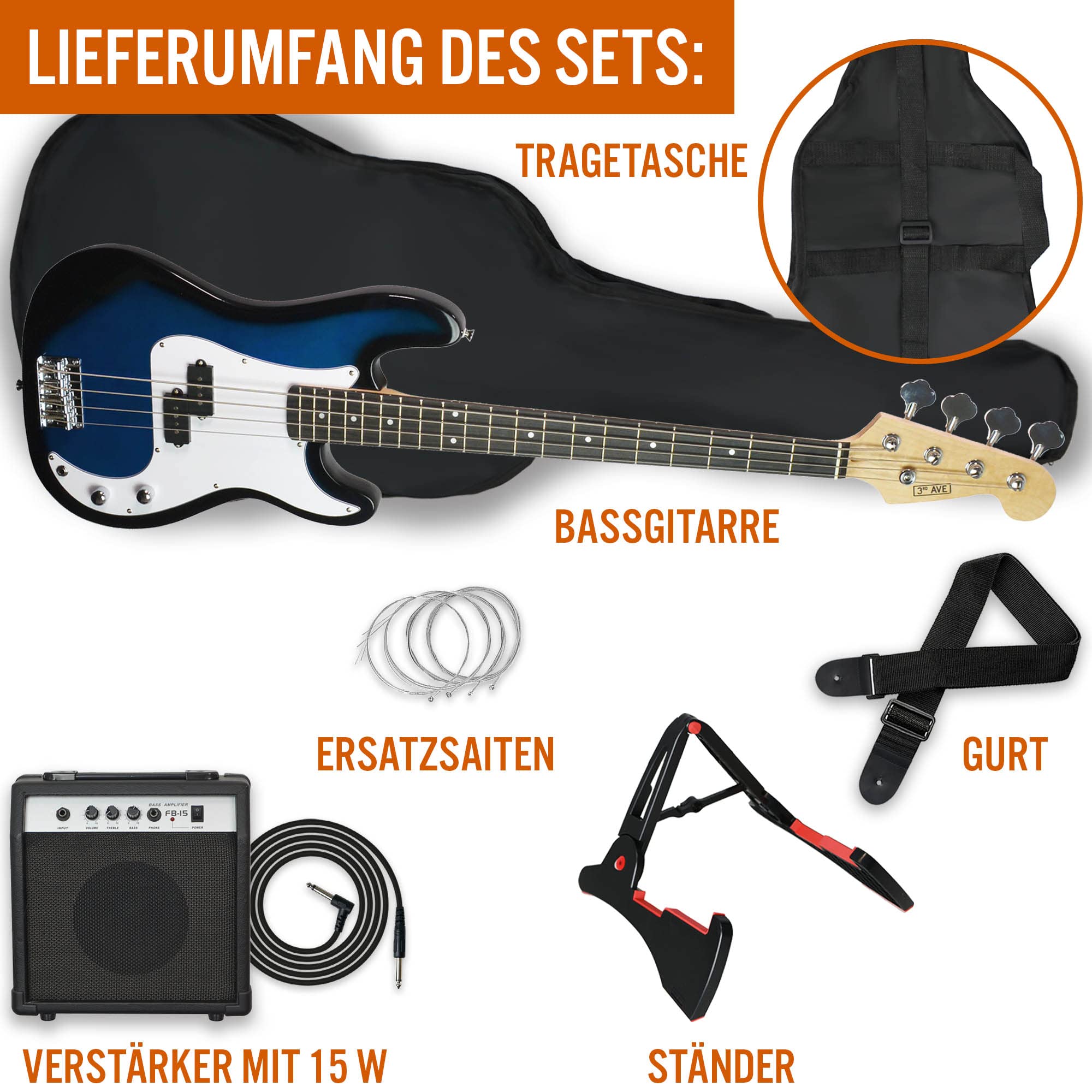 3rd Avenue 4/4 E-Bassgitarren-Set in Normalgröße für Anfänger, mit 15 W Verstärker, Tasche, Kabel, Gurt, Ständer und Ersatzsaiten – in Grün