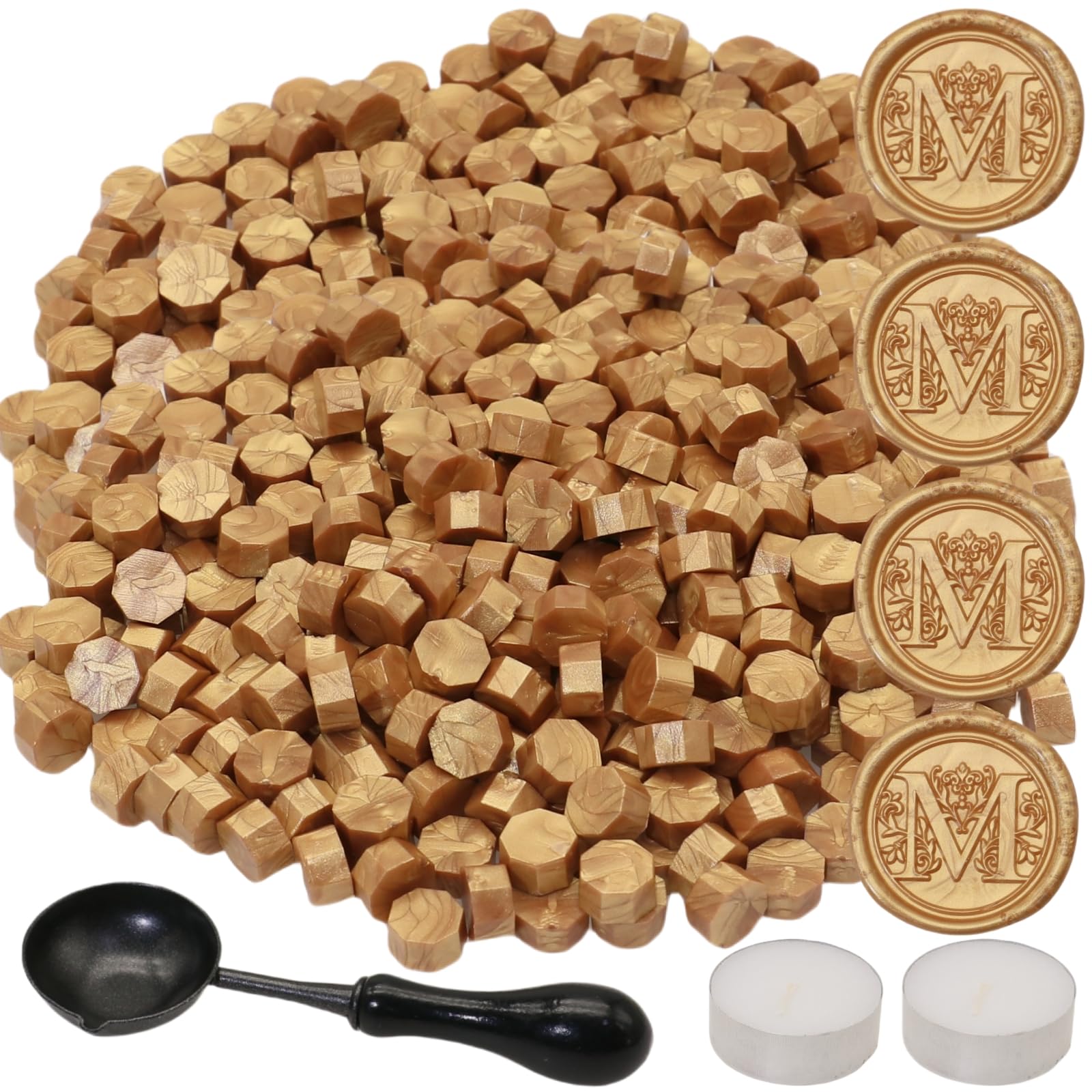 300Pcs Wax Seal Beads Set with Non-Slip Melt Spoon and Candles, Gold Sealing Wax Pellets Bead Great for Seals Stamp, Wedding Invitations, Xmas Gift, Envelope Seal (Gold)