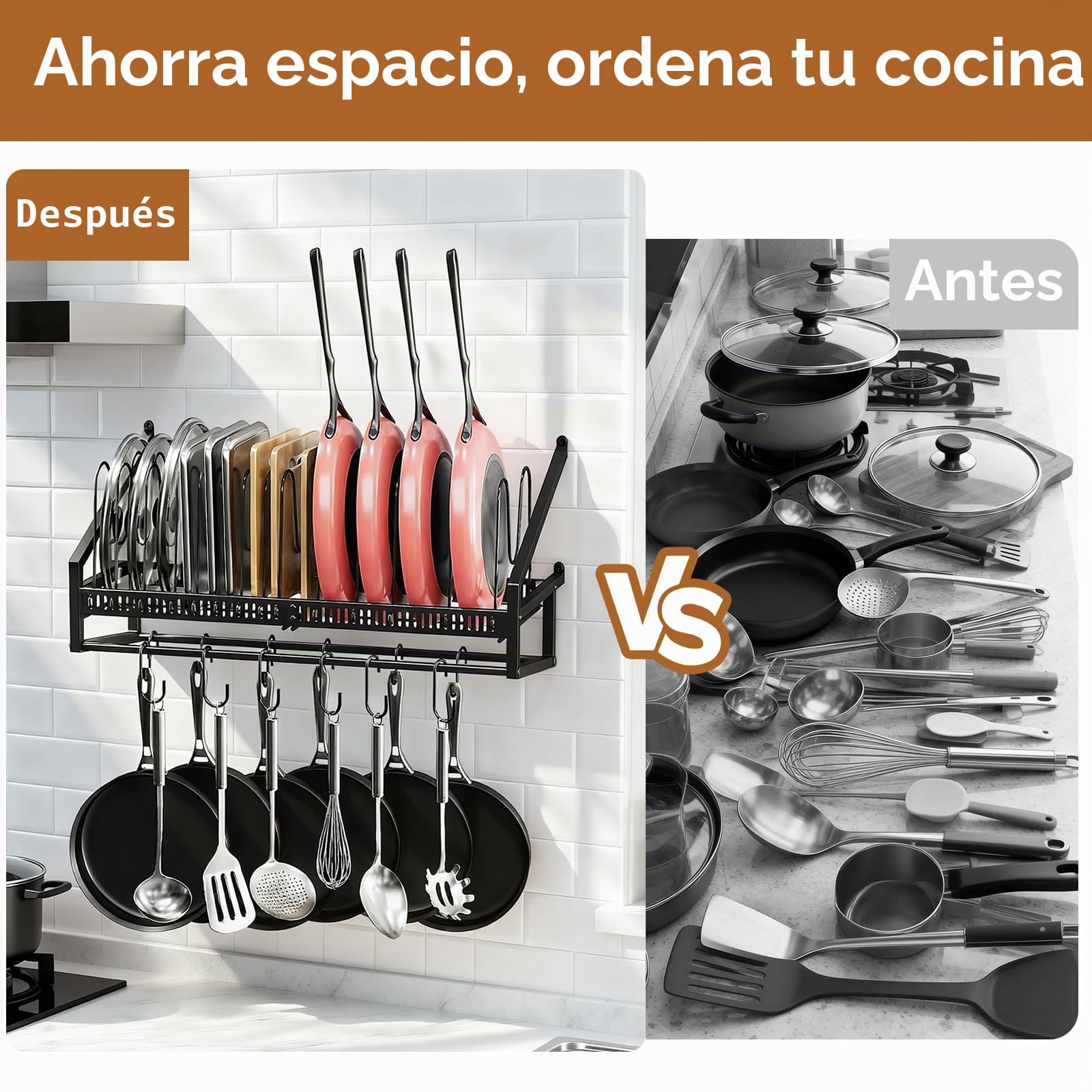 Housolution Organizador Sartenes de Pared | Soporte para sartenes colgantes con 6 Ganchos en S y 6 Ganchos Verticales